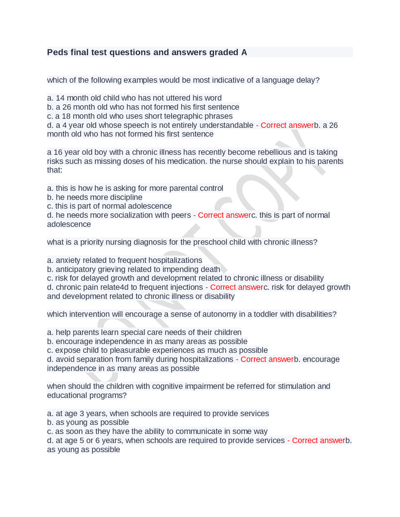 Peds final test questions and answers Already graded A | Exams Nursing ...