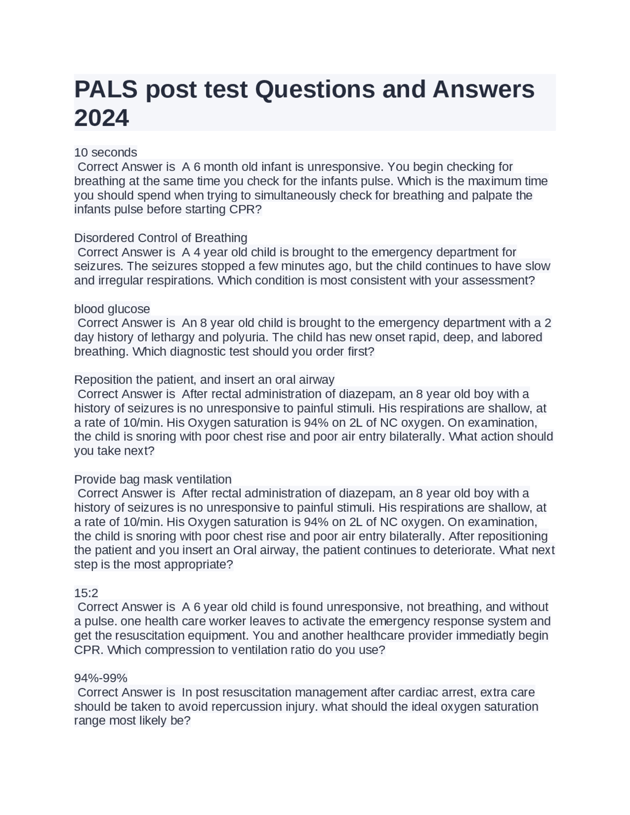 Pals Post Test Questions And Answers 2024 Exams Nursing Docsity Pals Post Test Questions And Answers 2024 Exams Nursing Docsity