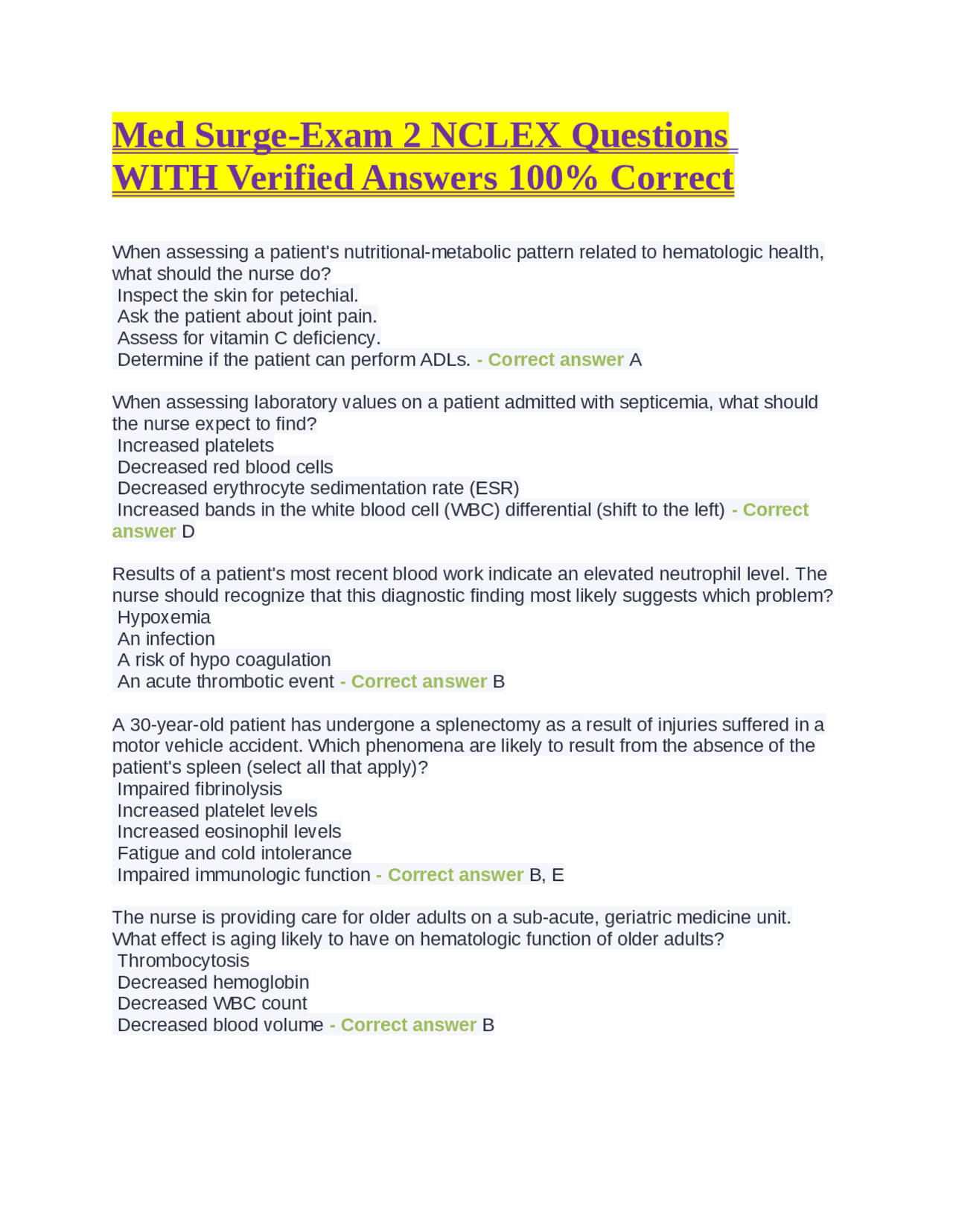 Med Surge-Exam 2 NCLEX Questions WITH Verified Answers 100% Correct ...