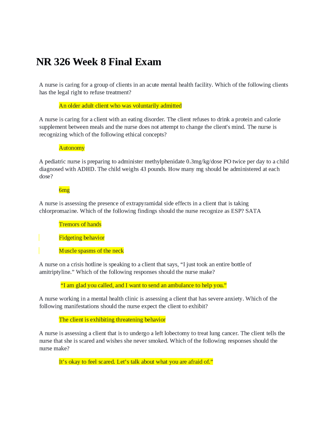 NR 326 Week 8 Final Exam | Exams Health sciences | Docsity