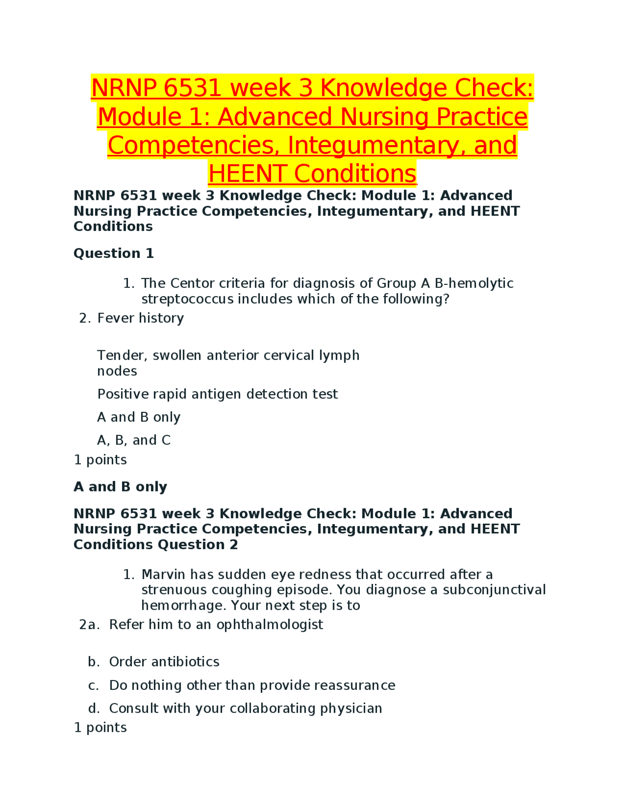 NRNP 6531 week 3 Knowledge Check: | Exams Nursing | Docsity