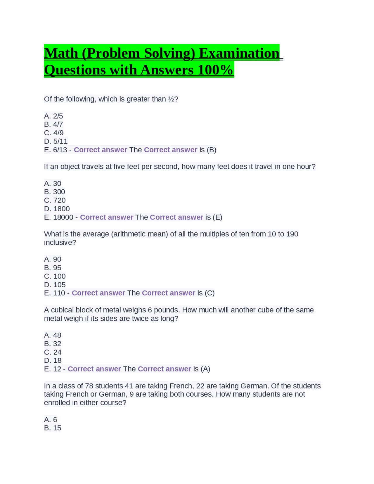Math Problem Solving Examination with Answers | Exams Mathematics | Docsity