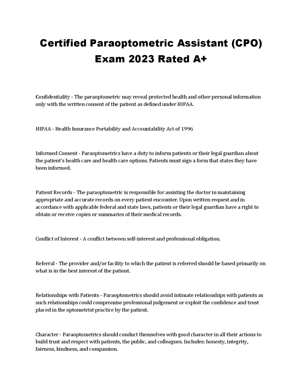 Certified Paraoptometric Assistant Exam 2023: Ethics and Compliance in ...
