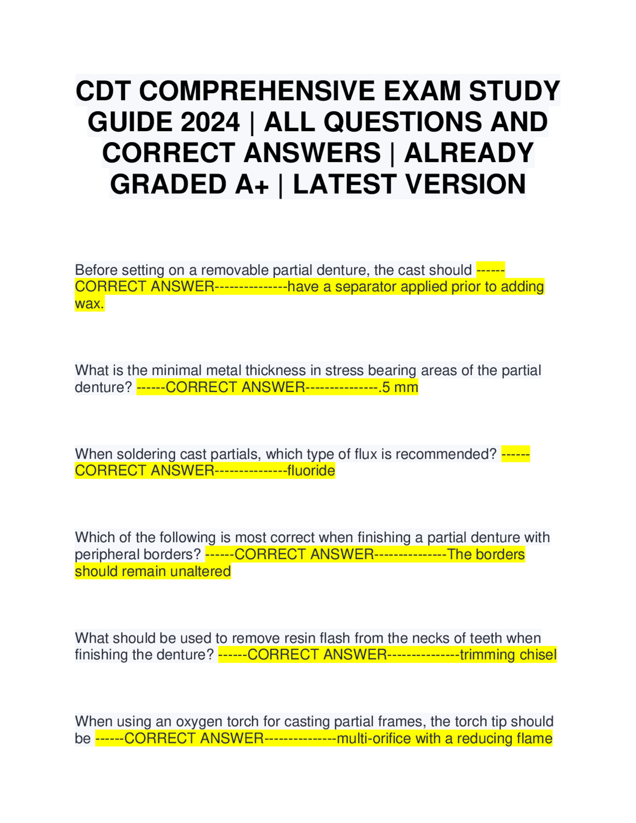 CDT COMPREHENSIVE EXAM STUDY GUIDE 2024 ALL QUESTIONS AND CORRECT