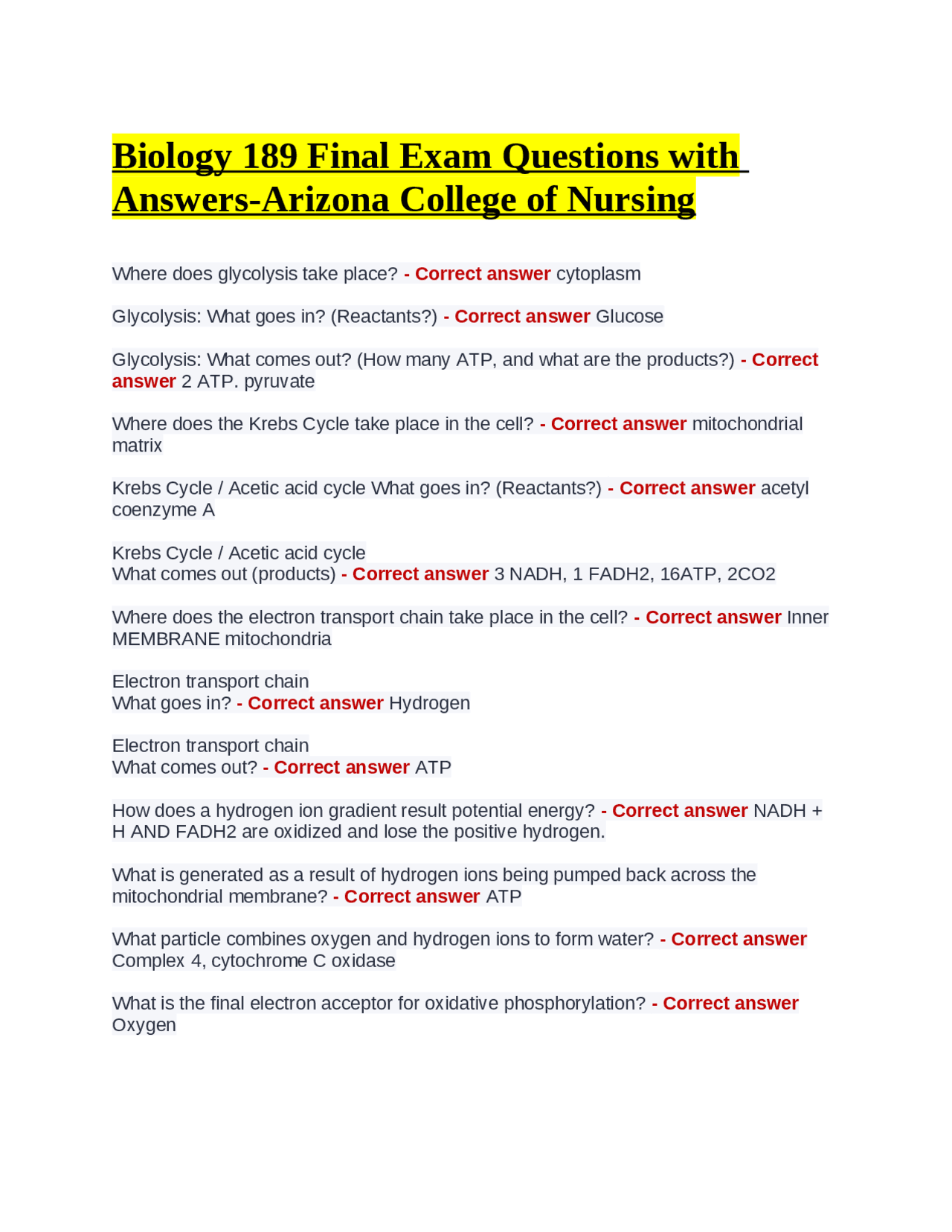 Biology 189 Final Exam Questions With Answers Arizona College Of