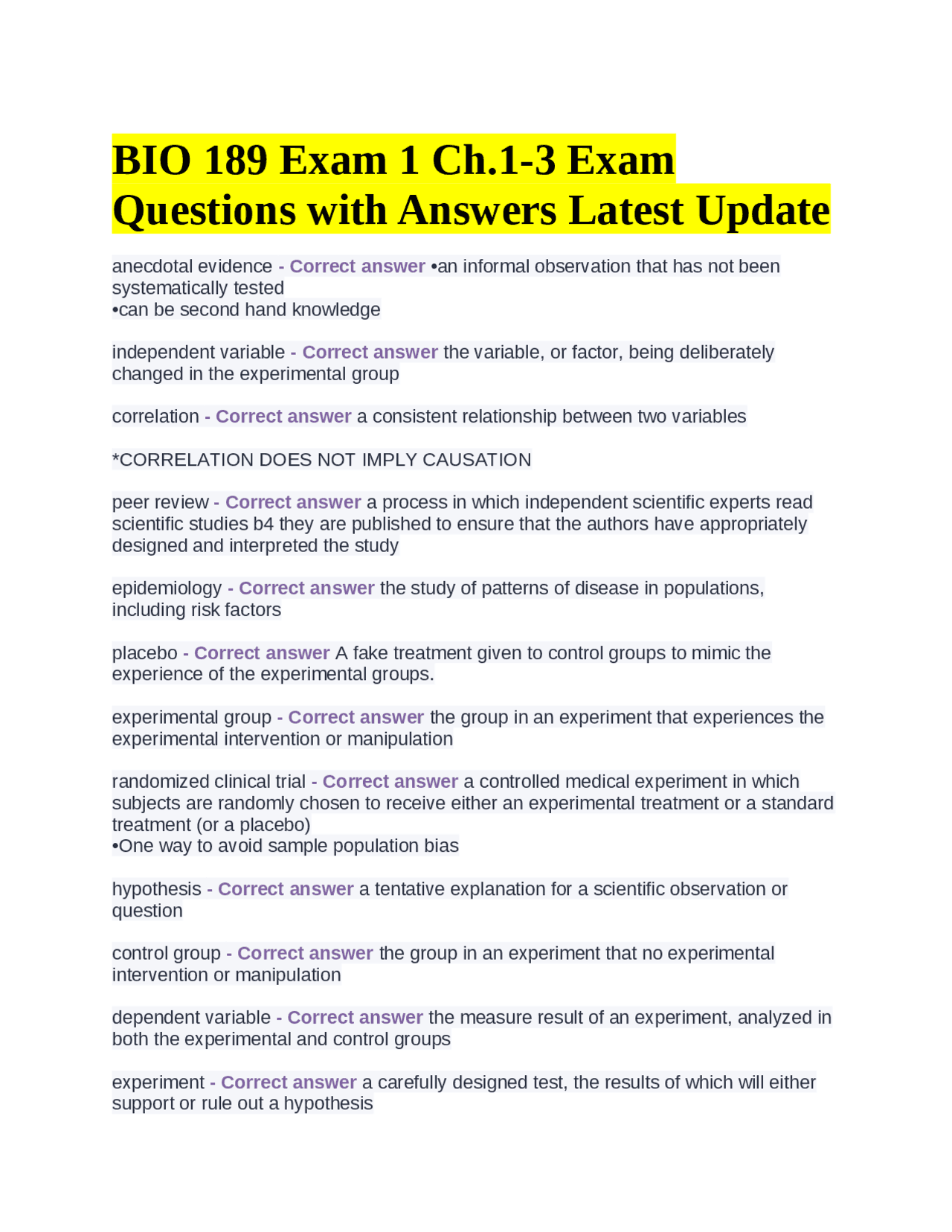 BIO 189 Exam 1: Key Concepts in Biology | Exams Biology | Docsity