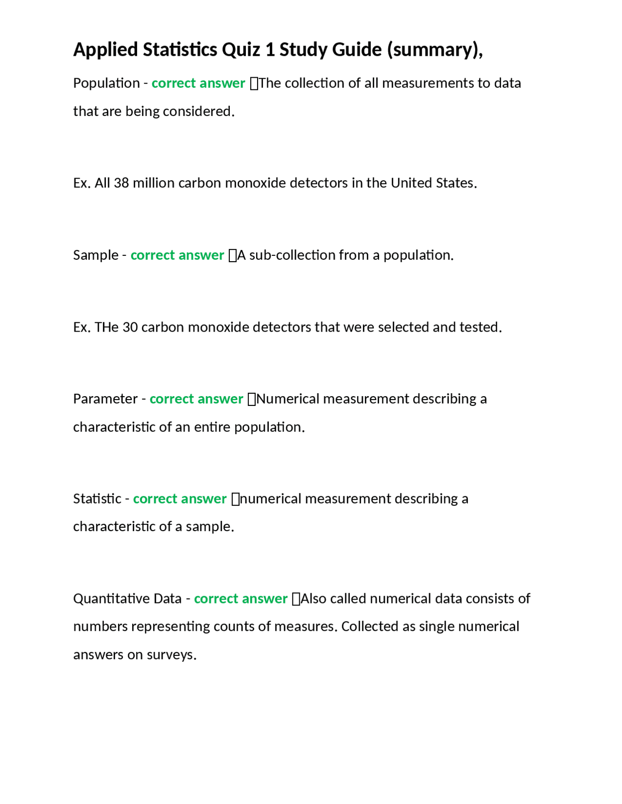 Applied Statistics Quiz 1 Study Guide (summary), | Exams Statistics ...