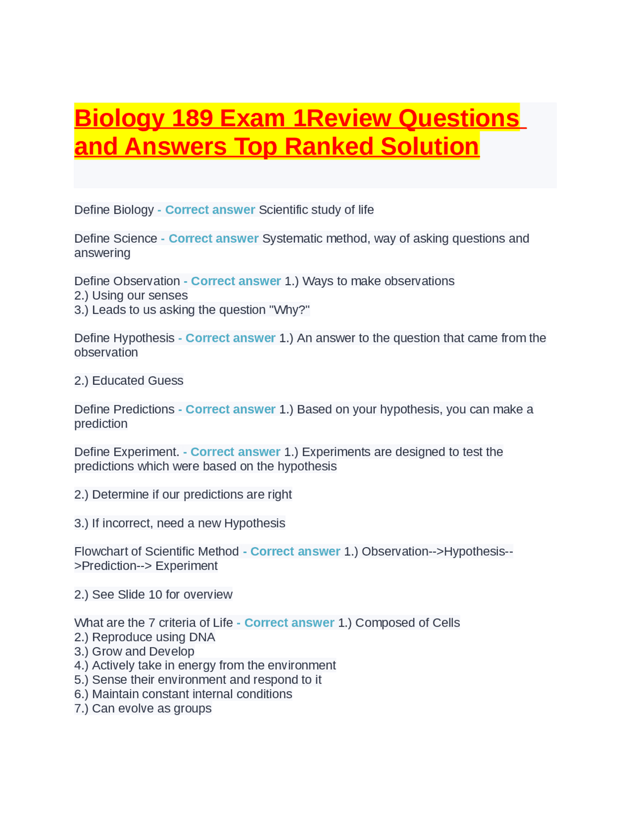 Biology 189 Exam 1 Review Questions And Answers Exams Biology Docsity