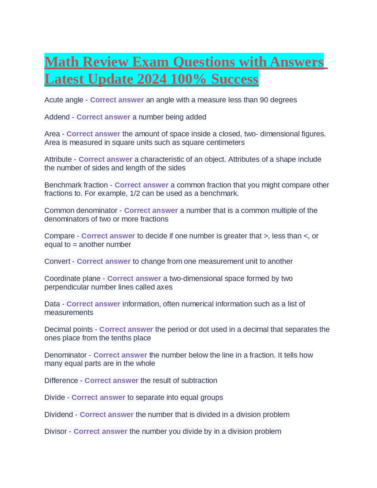Math Question Review Math Review Exam Questions with Answers Latest Update 2024 100% Success ...