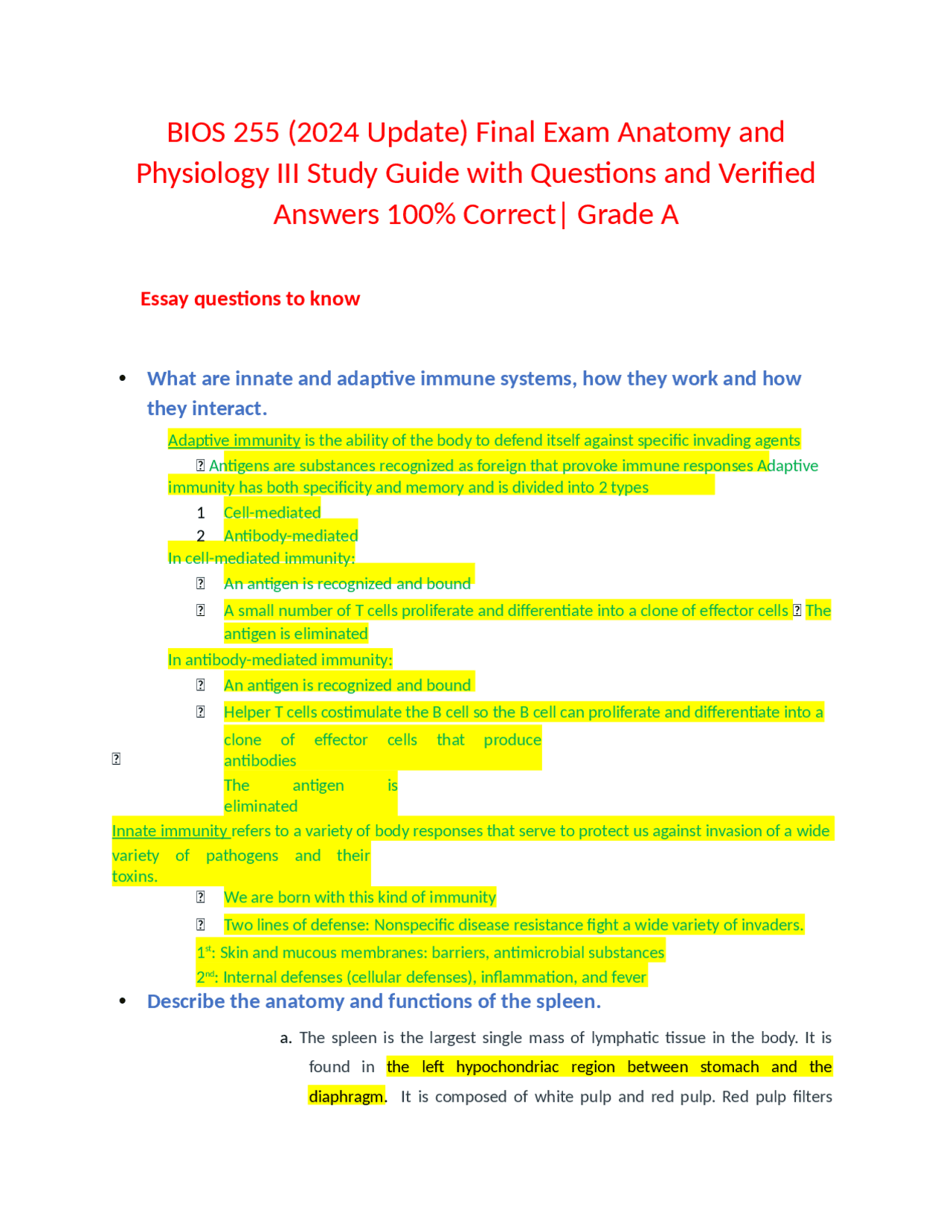 BIOS 255 (2024 Update) Final Exam Anatomy and Physiology III Study ...