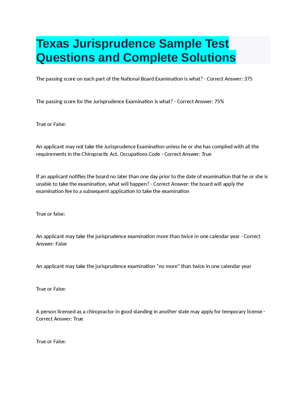 Texas Jurisprudence Sample Test Questions and Complete Solutions Exams Law Docsity