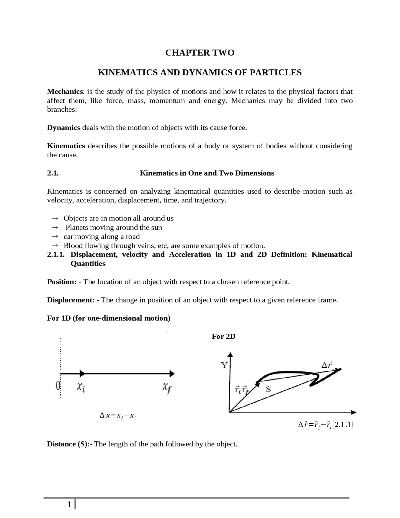 kinematics and dynamics in one and two dimension | Lecture notes ...