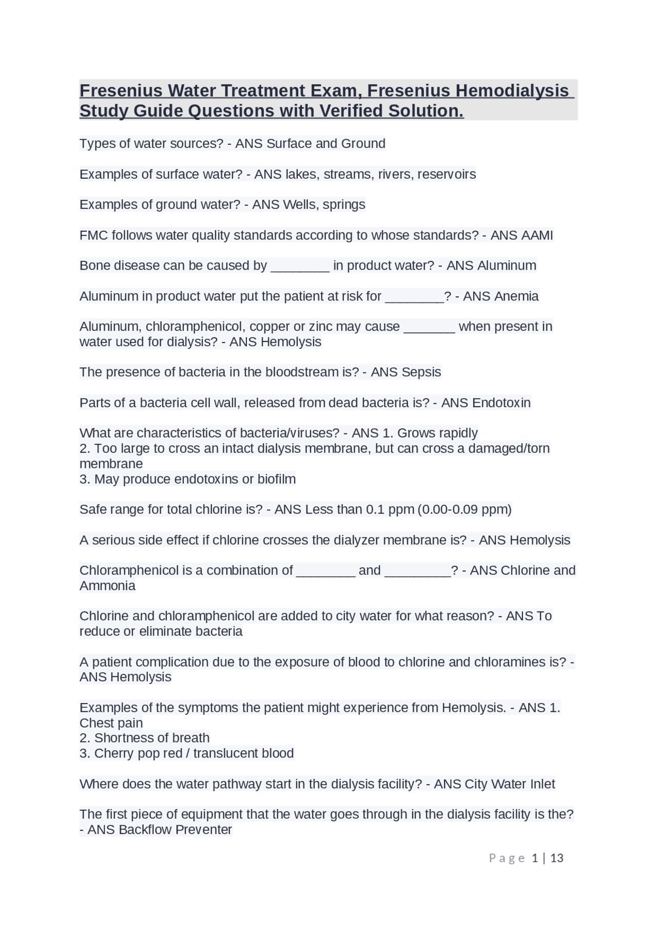 Fresenius Water Treatment Exam, Fresenius Hemodialysis Study Guide