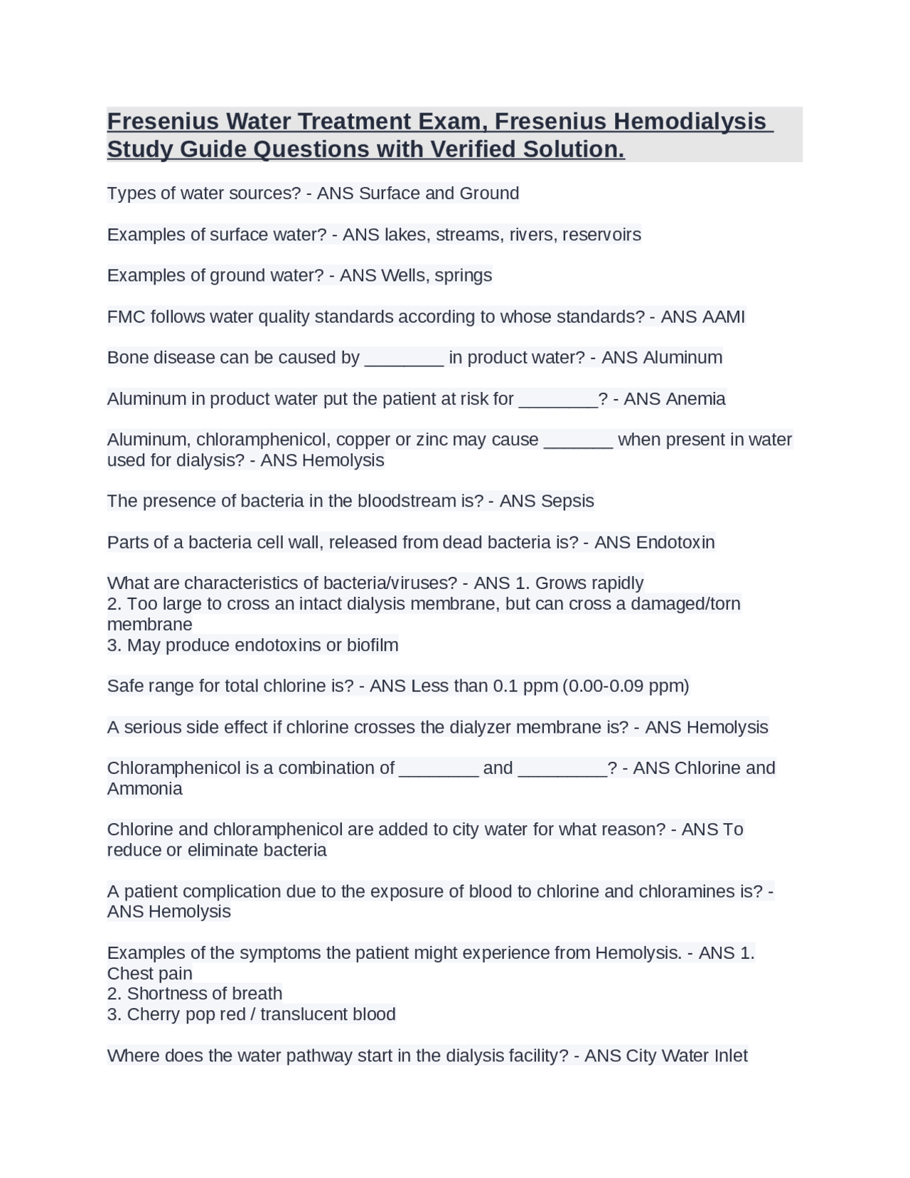 Fresenius Water Treatment Exam, Fresenius Hemodialysis Study Guide Questions with Verified