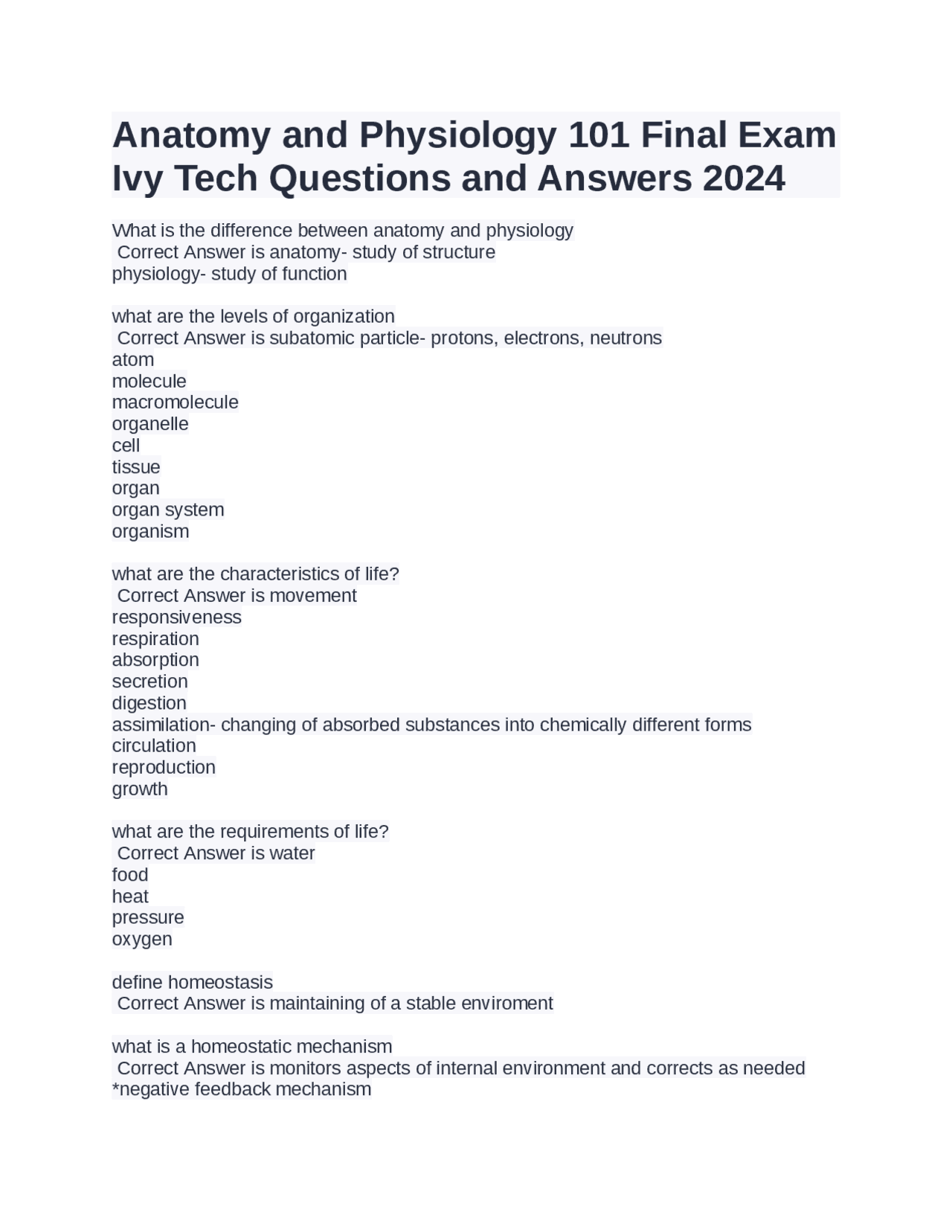 Anatomy and Physiology 101 Final Exam Ivy Tech Questions and Answers ...