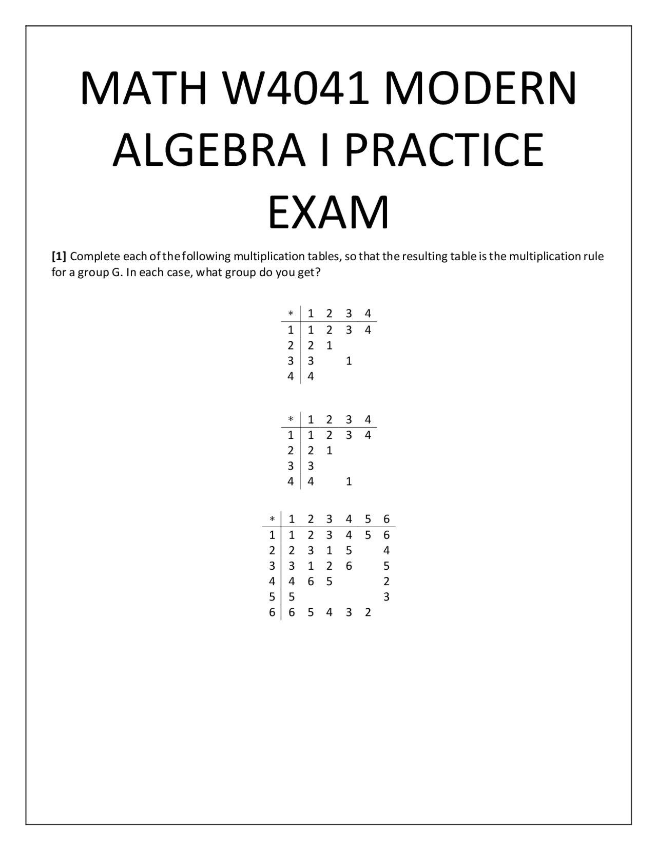 Practice Exam for Modern Algebra I Course | Exams Calculus | Docsity