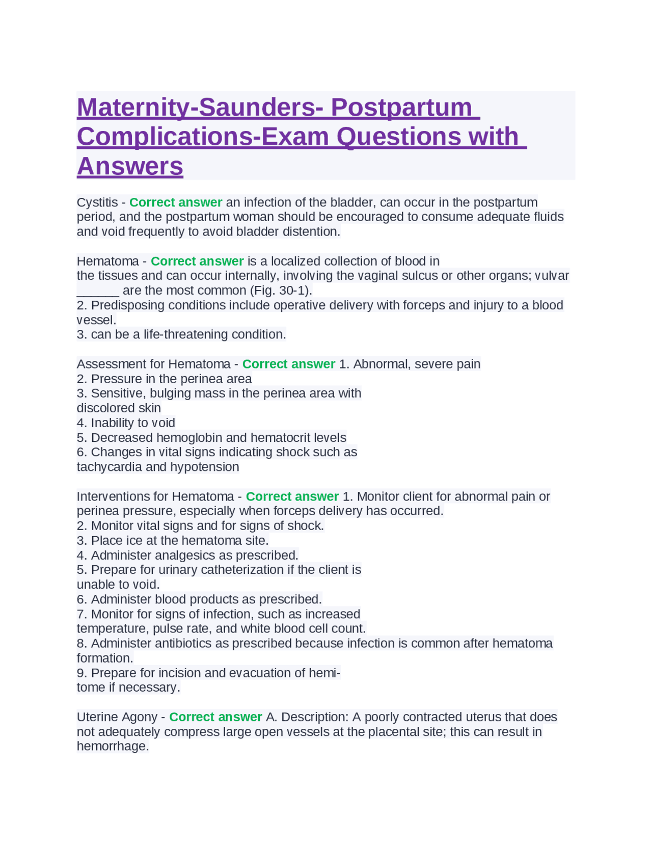 Postpartum Complications Exam Questions and Answers | Exams Nursing ...