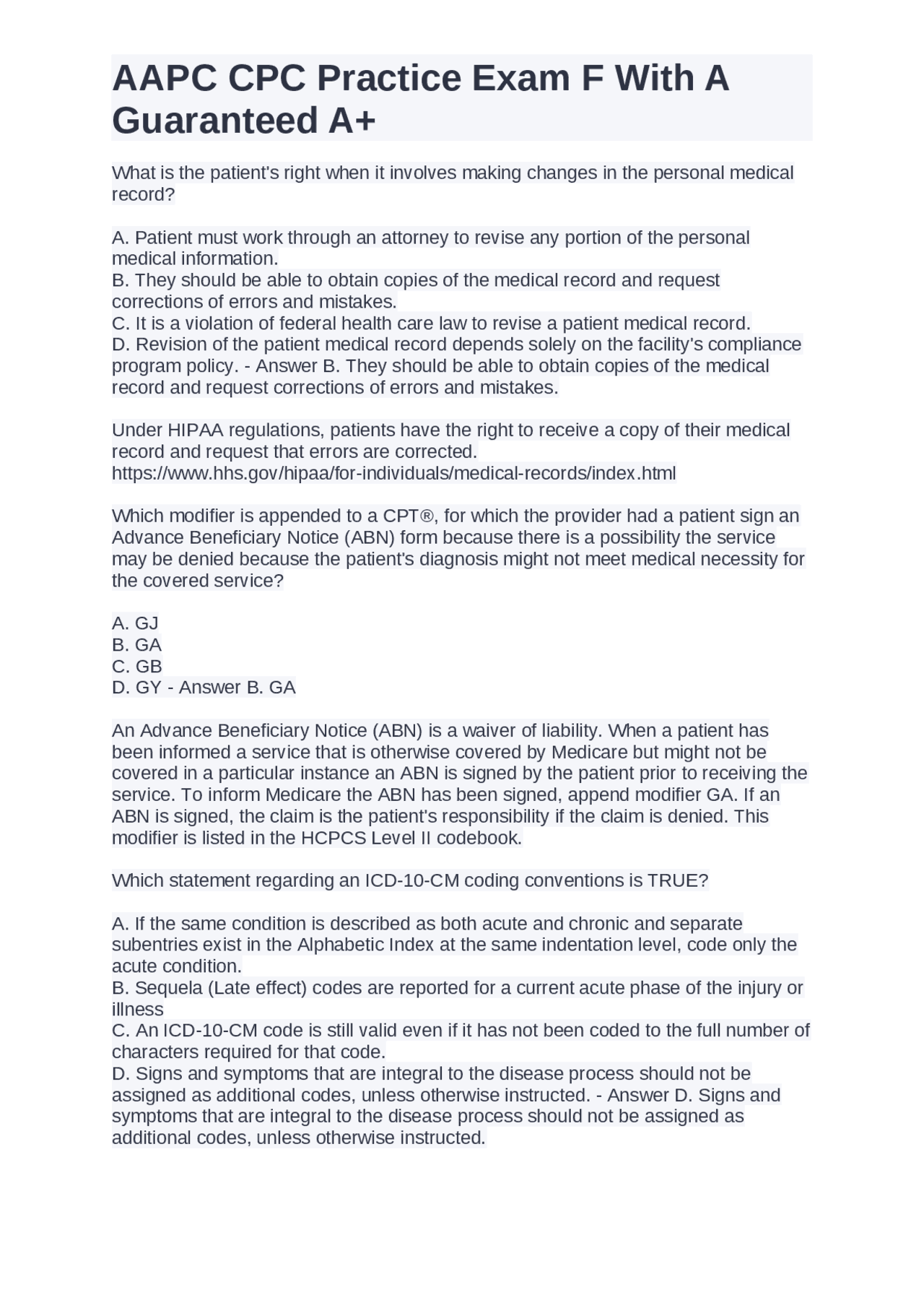 AAPC CPC Practice Exam F: Medical Records, ICD-10-CM Coding, and CPT ...
