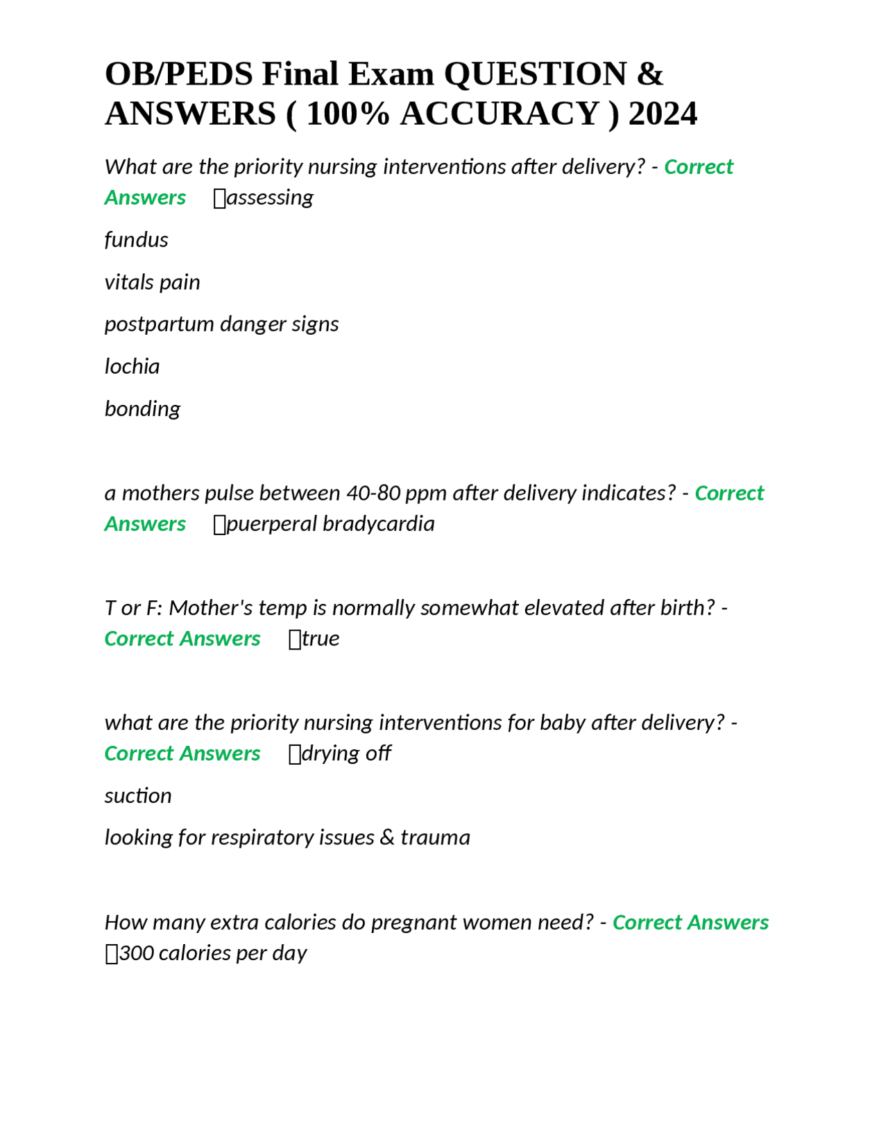 OB/PEDS Final Exam Questions and Answers for 2024 | Exams Nursing | Docsity