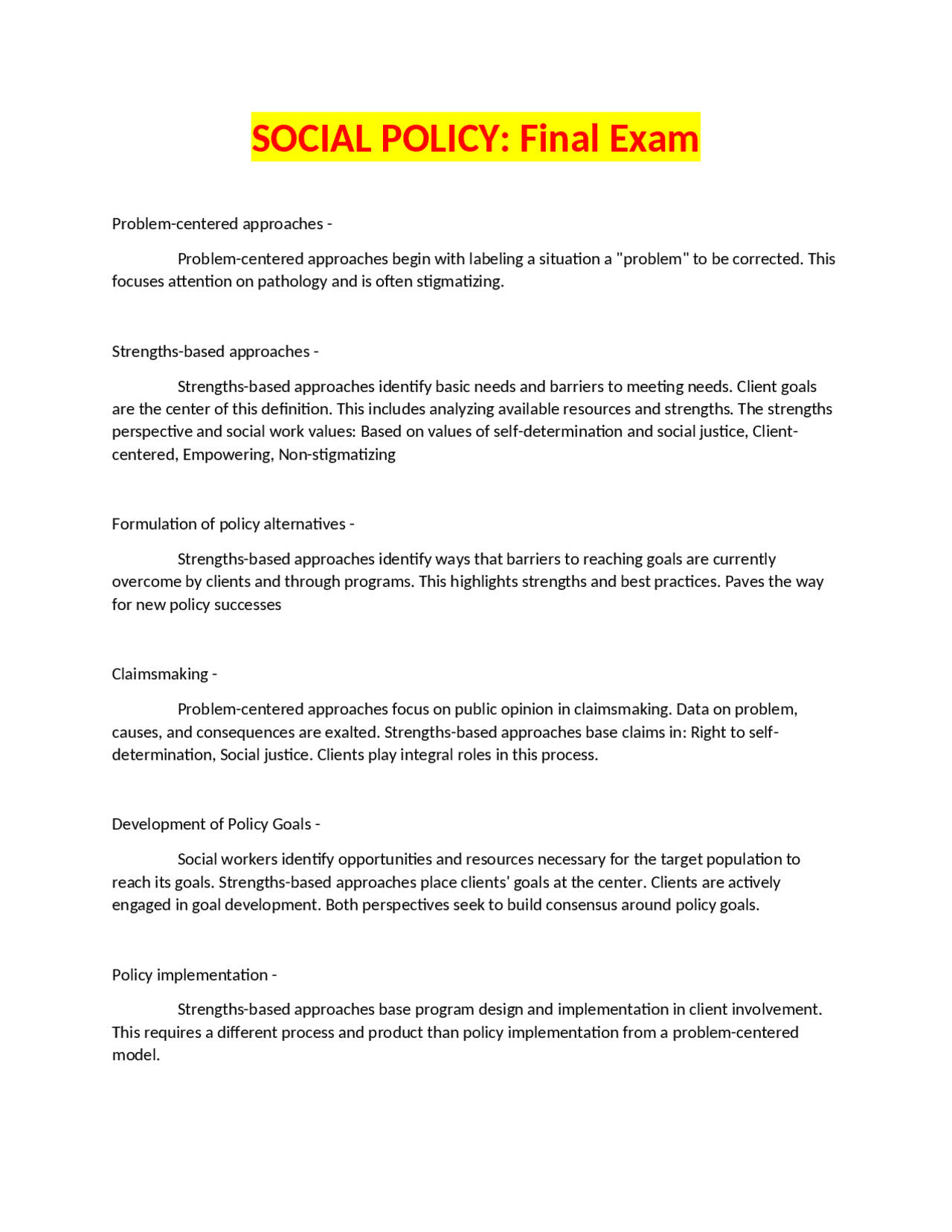 SOCIAL POLICY Final Exam | Exams Social Work | Docsity