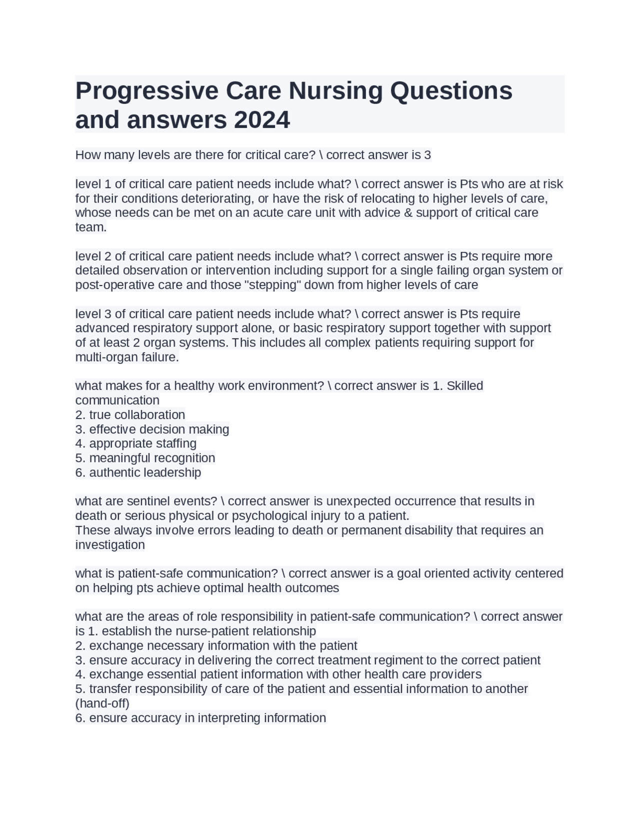 Progressive Care Nursing Questions and answers 2024 | Exams Nursing ...