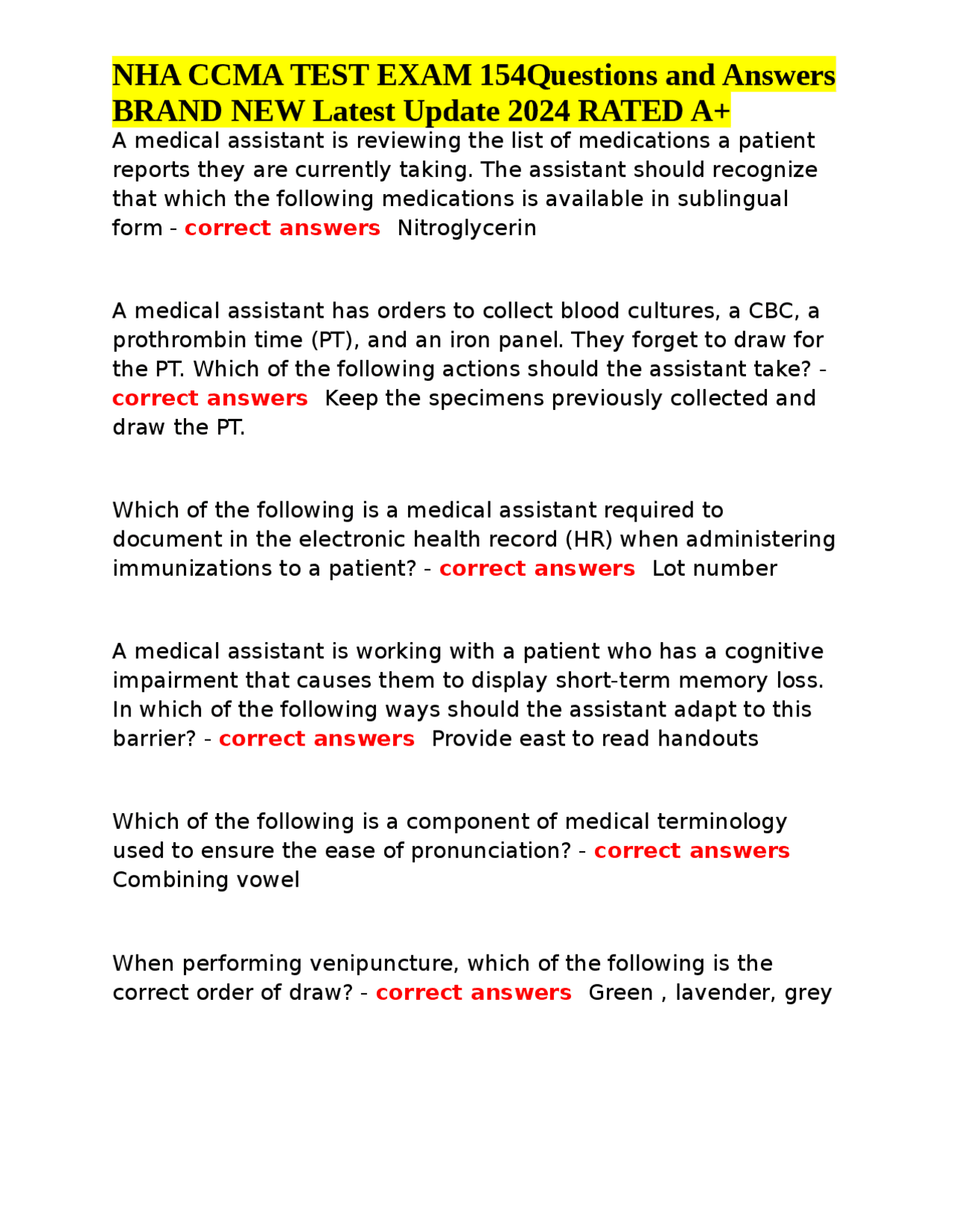 NHA CCMA TEST EXAM 154Questions and Answers BRAND NEW Latest Update