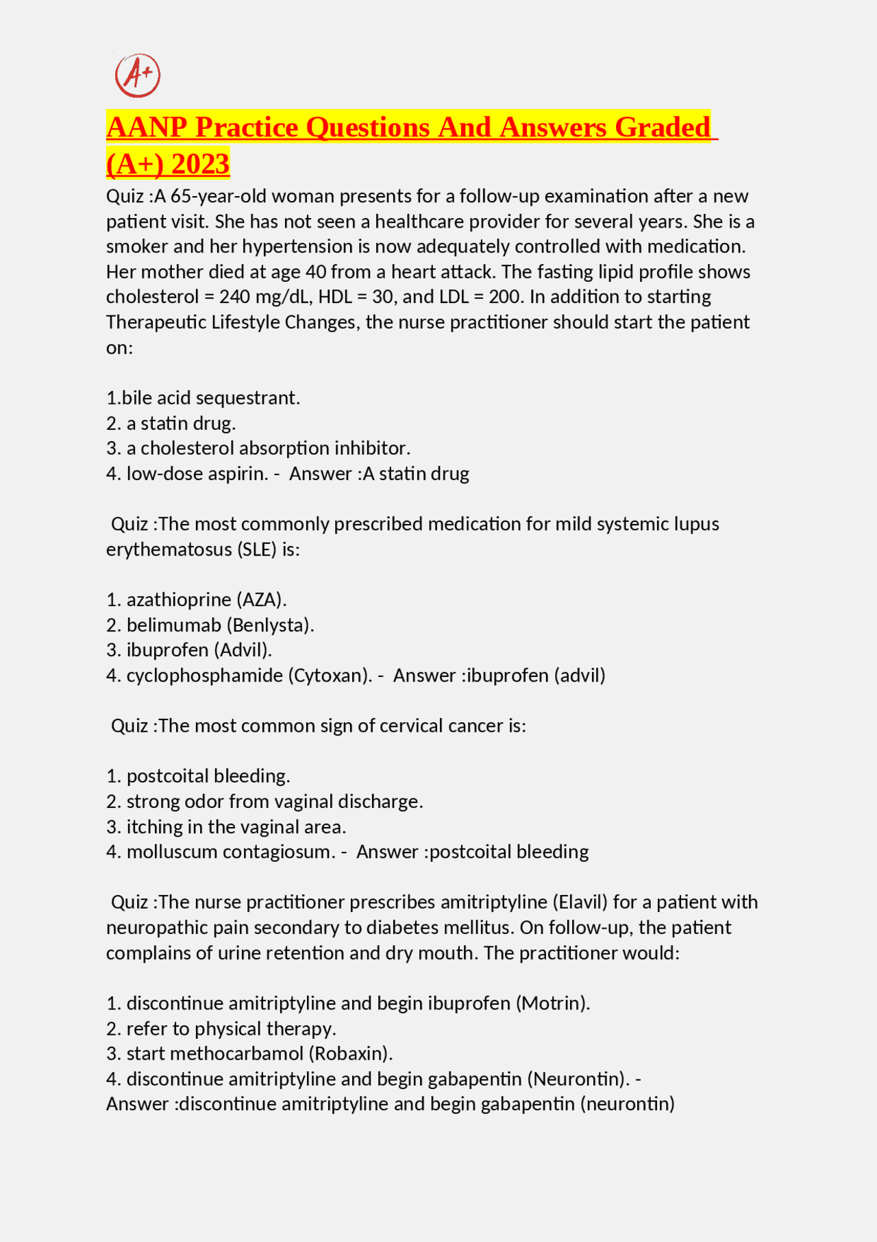 AANP LATEST 2024 QUESTIONS AND ANSWERS RATED A+ | Exams Public Health ...
