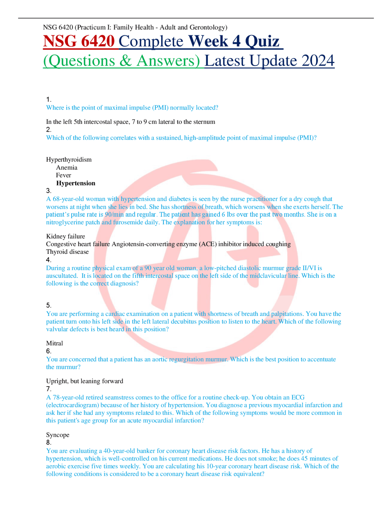 NSG 6420 Wk 4 Quiz Adult & Gerontology Nursing Practicum