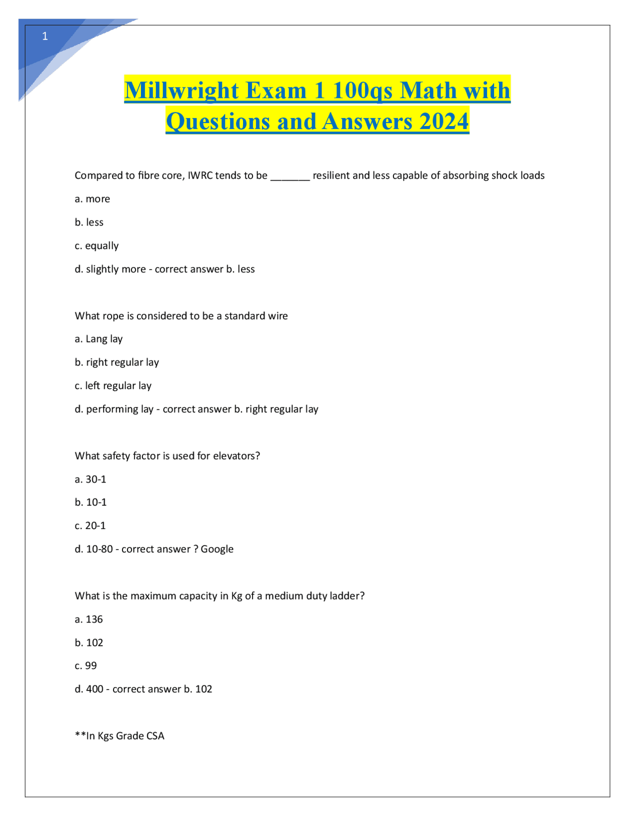 Millwright Exam 1 100qs Math with Questions and Answers 2024 | Exams ...