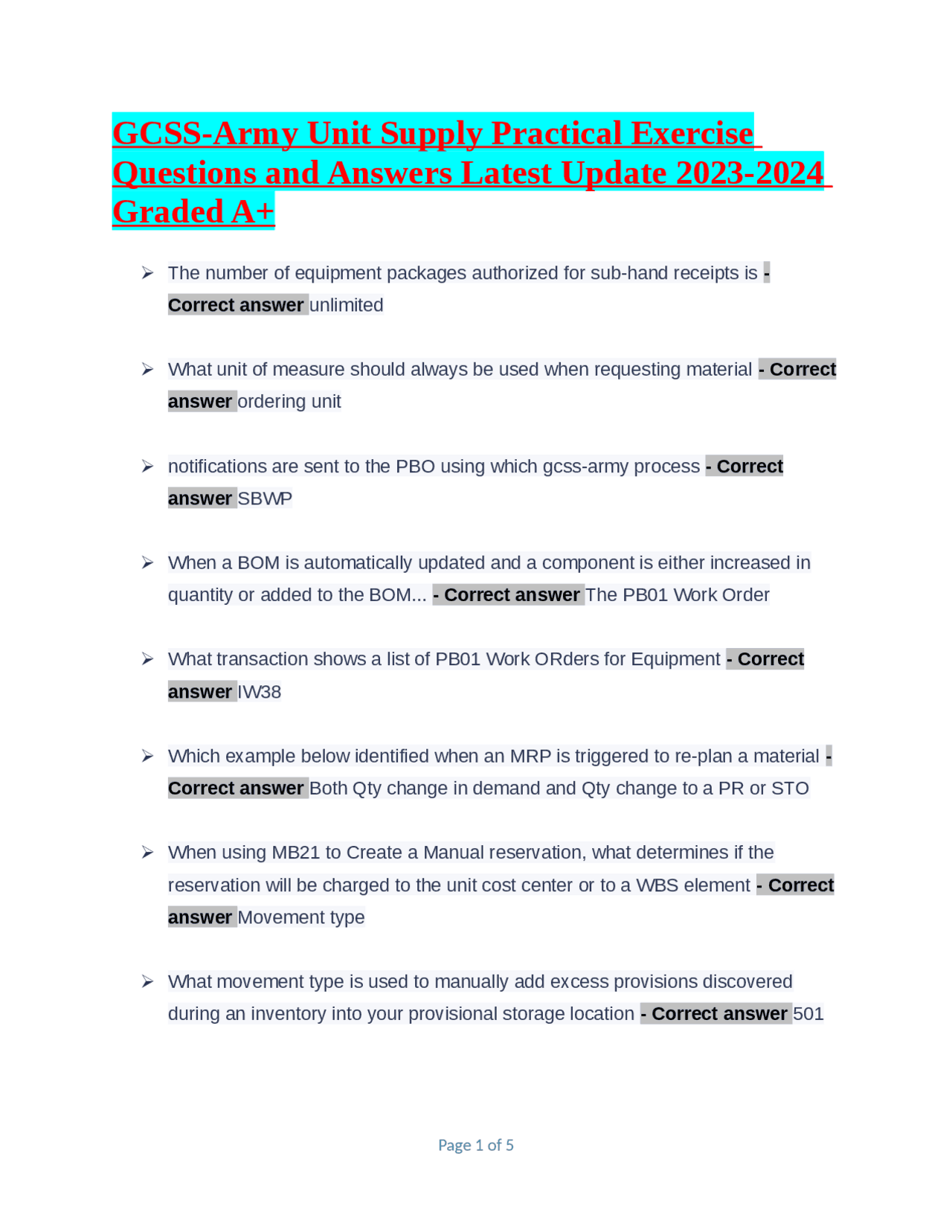 GCSS-Army Unit Supply Practical Exercise Questions and Answers Latest ...