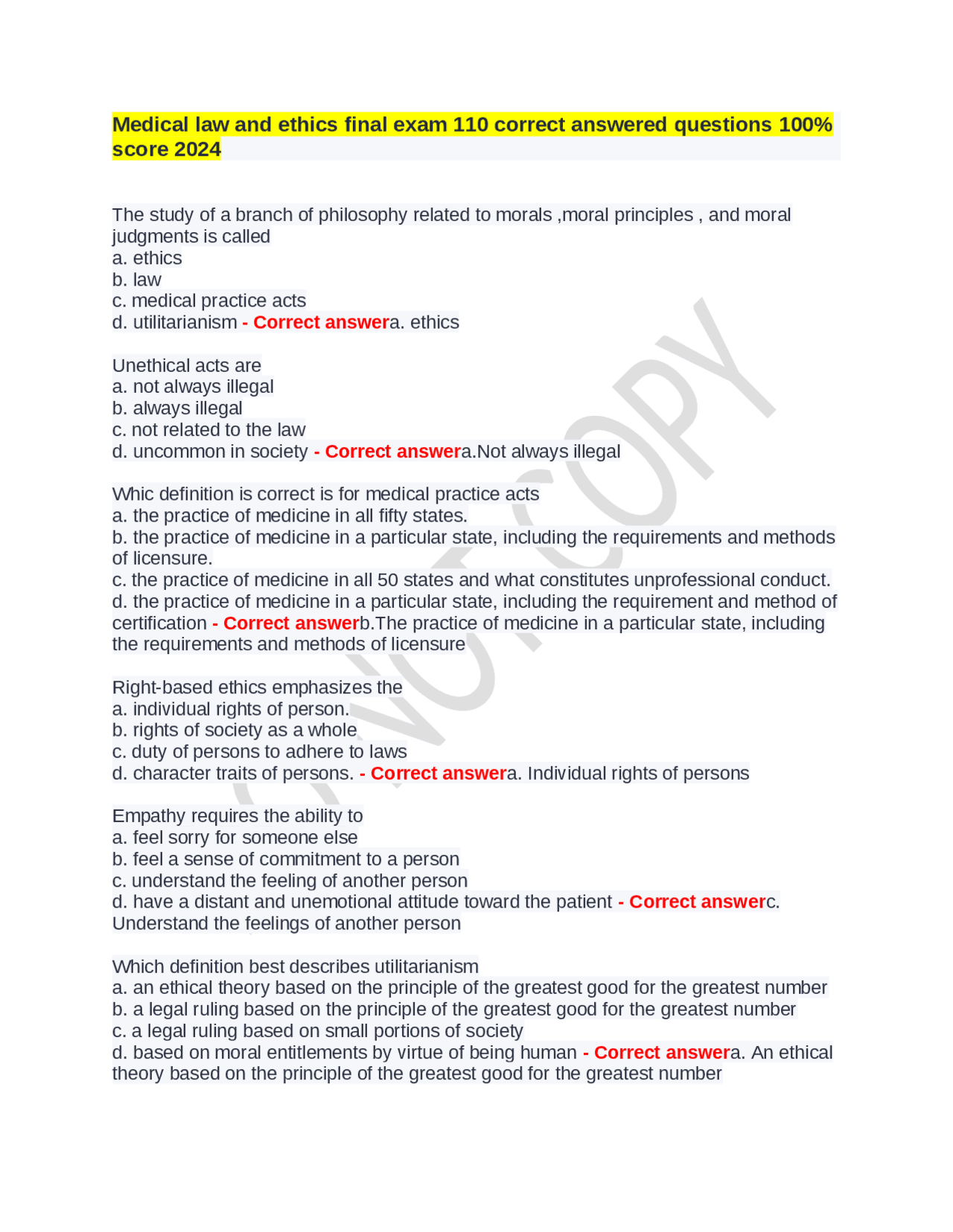 Medical law and ethics final exam 110 correct answered questions 100% ...