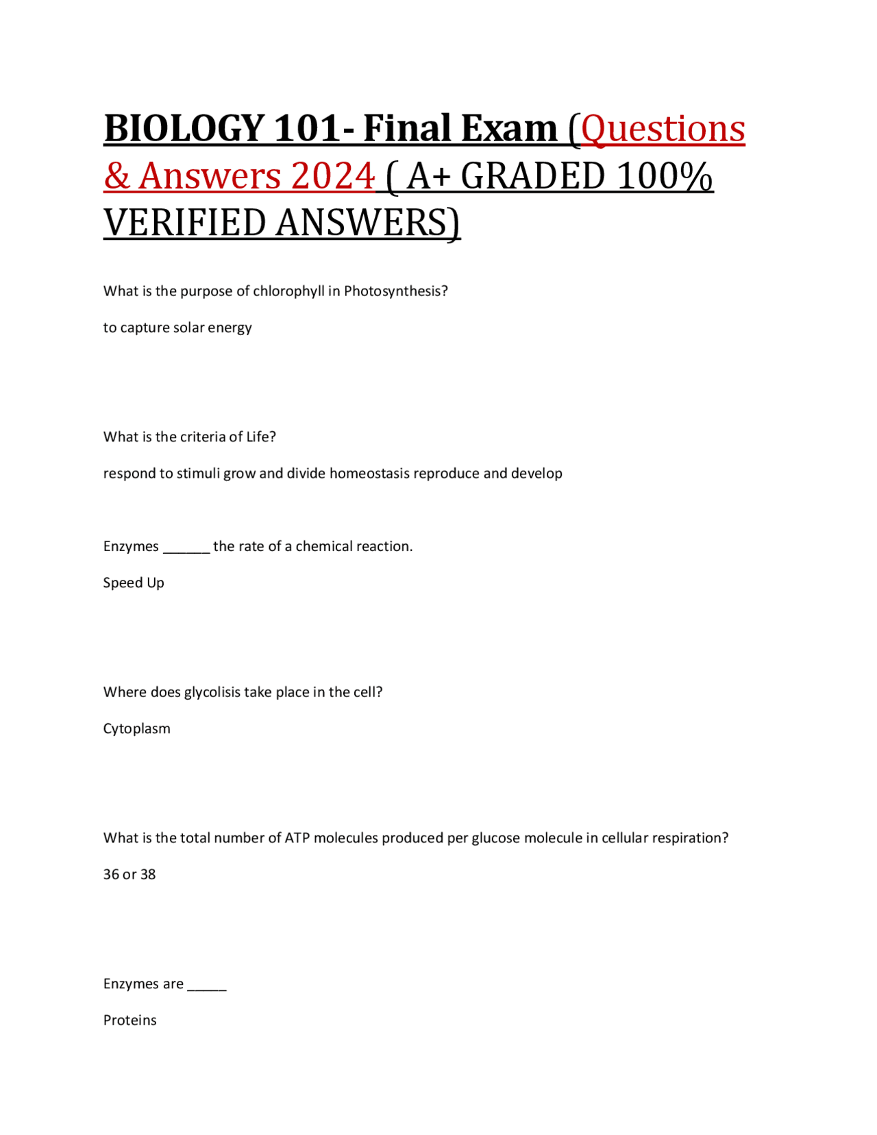 Biology 101 - Final Exam Questions and Answers (2024, A+ Graded ...