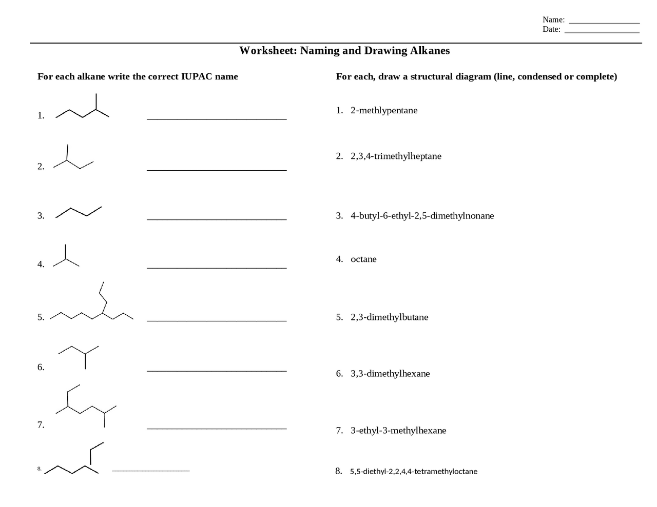 Naming And Drawing Alkanes Exercises Chemistry Docsity