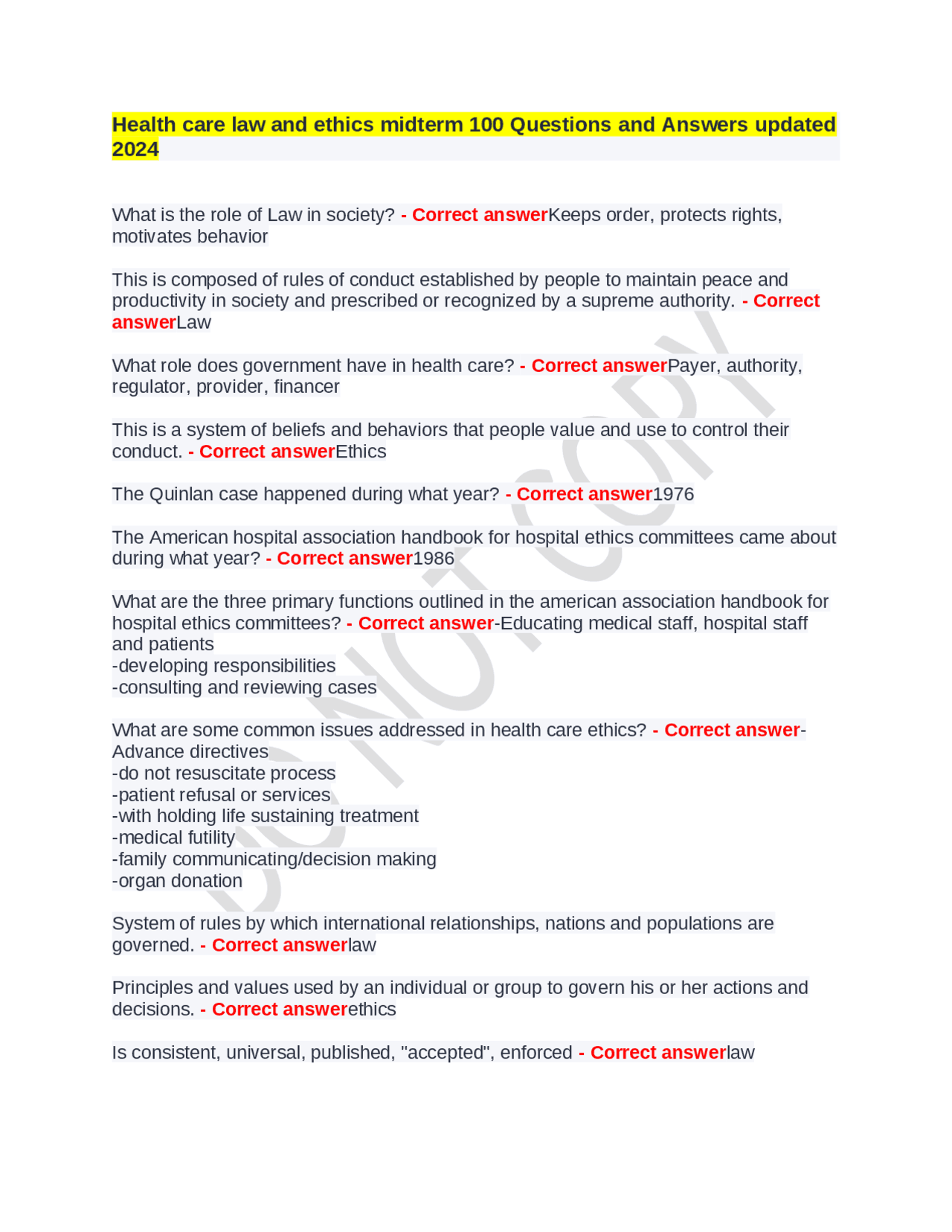 Health care law and ethics midterm 100 Questions and Answers updated ...