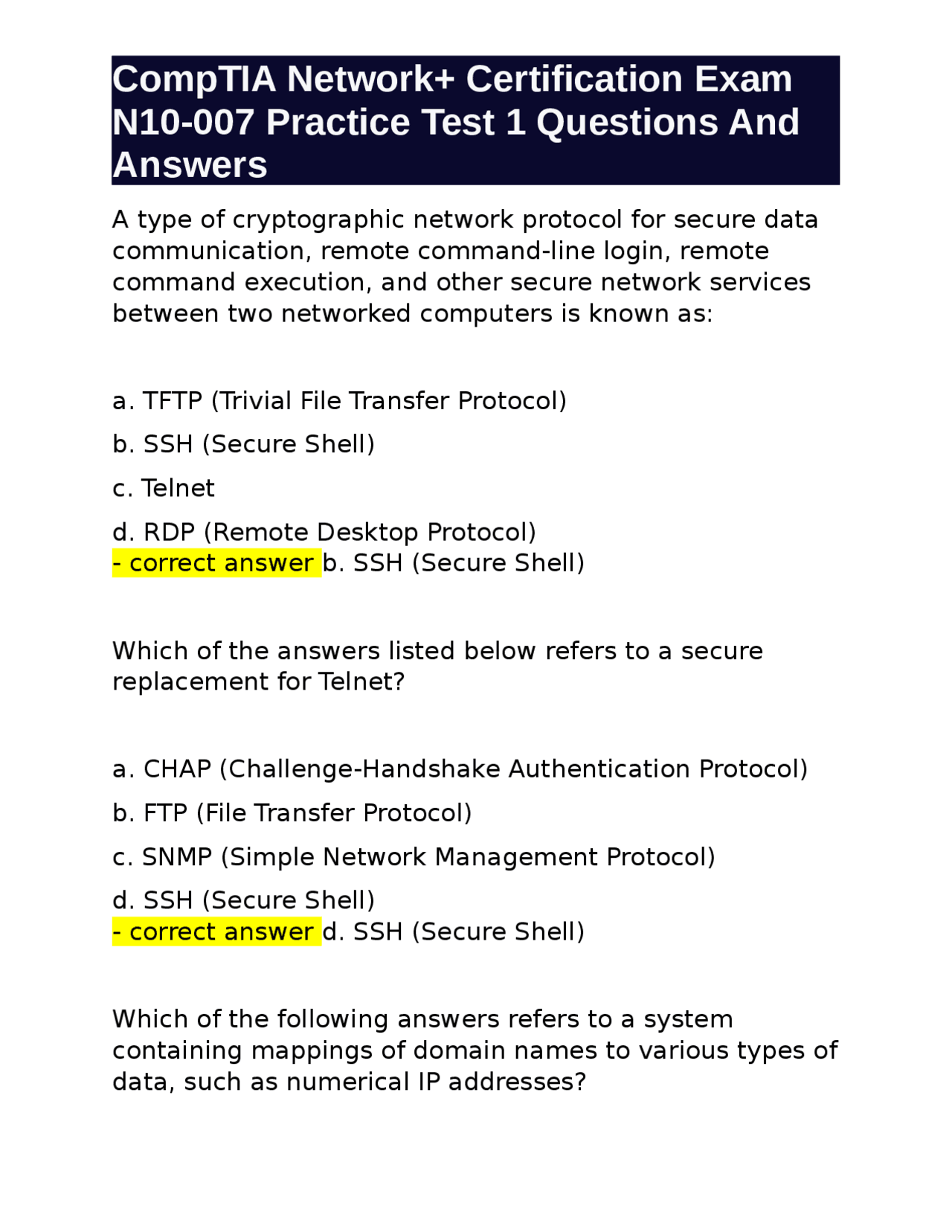 Comptia Network Certification Exam N10 007 Practice Test 1 Questions And Answers Exams Comptia Network Certification Exam N10 007 Practice Test 1 Questions And Answers Exams