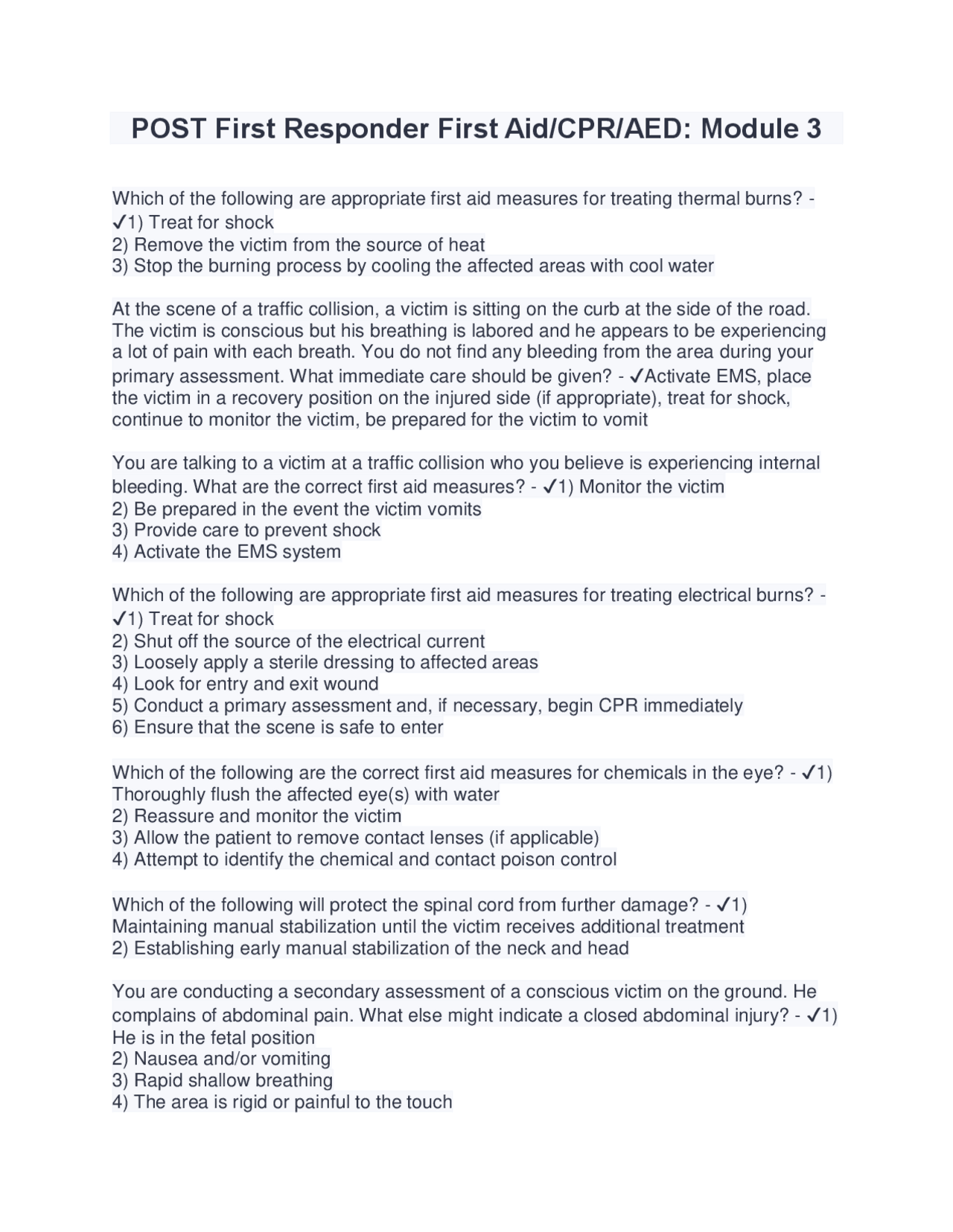 POST First Responder First Aid CPR AED Module 3 (Latest 2024/2025