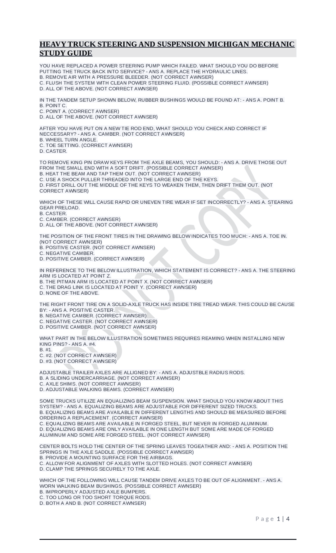 Heavy Truck Steering and Suspension Study Guide: Answers and ...