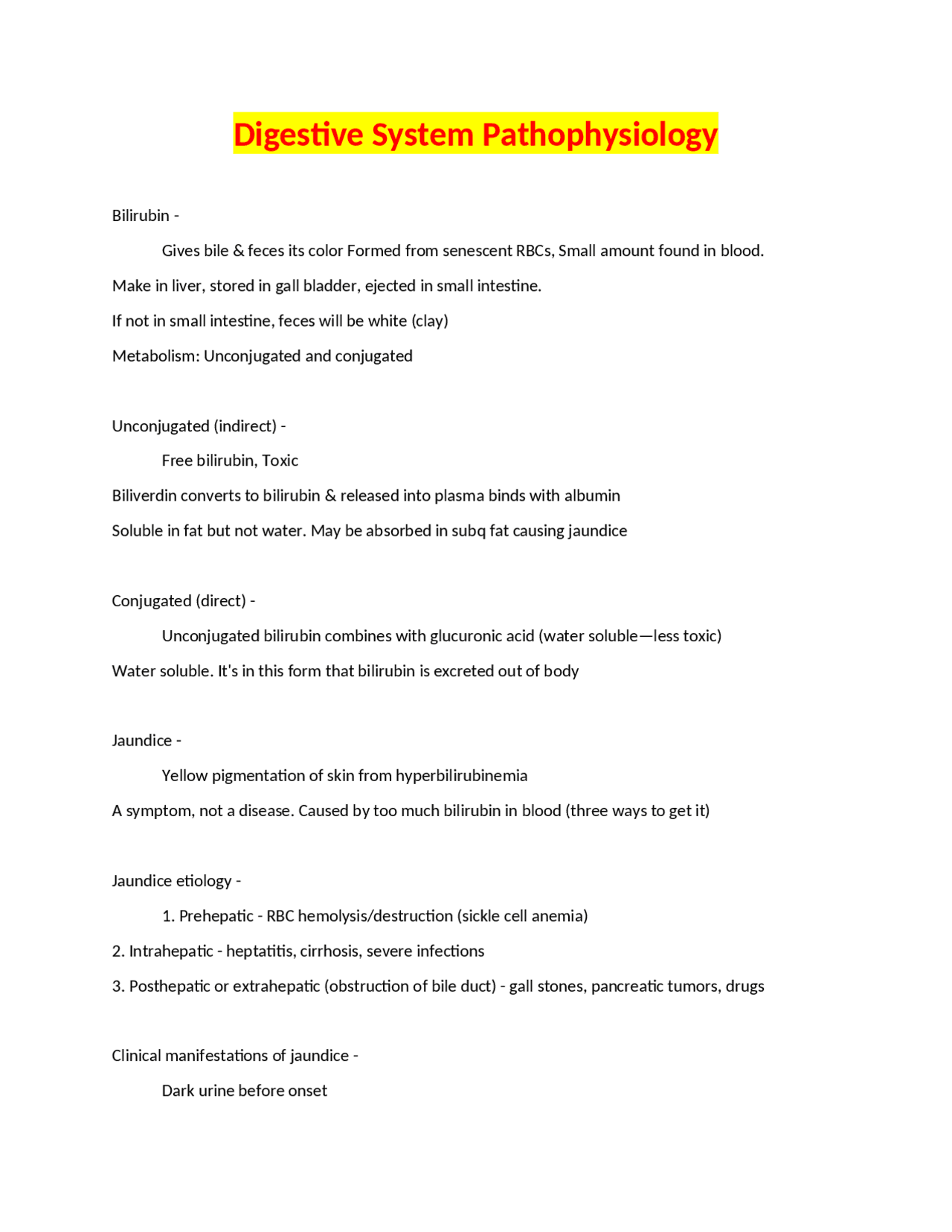 Pathophysiology of the Digestive System: Bilirubin, Jaundice, and Liver ...