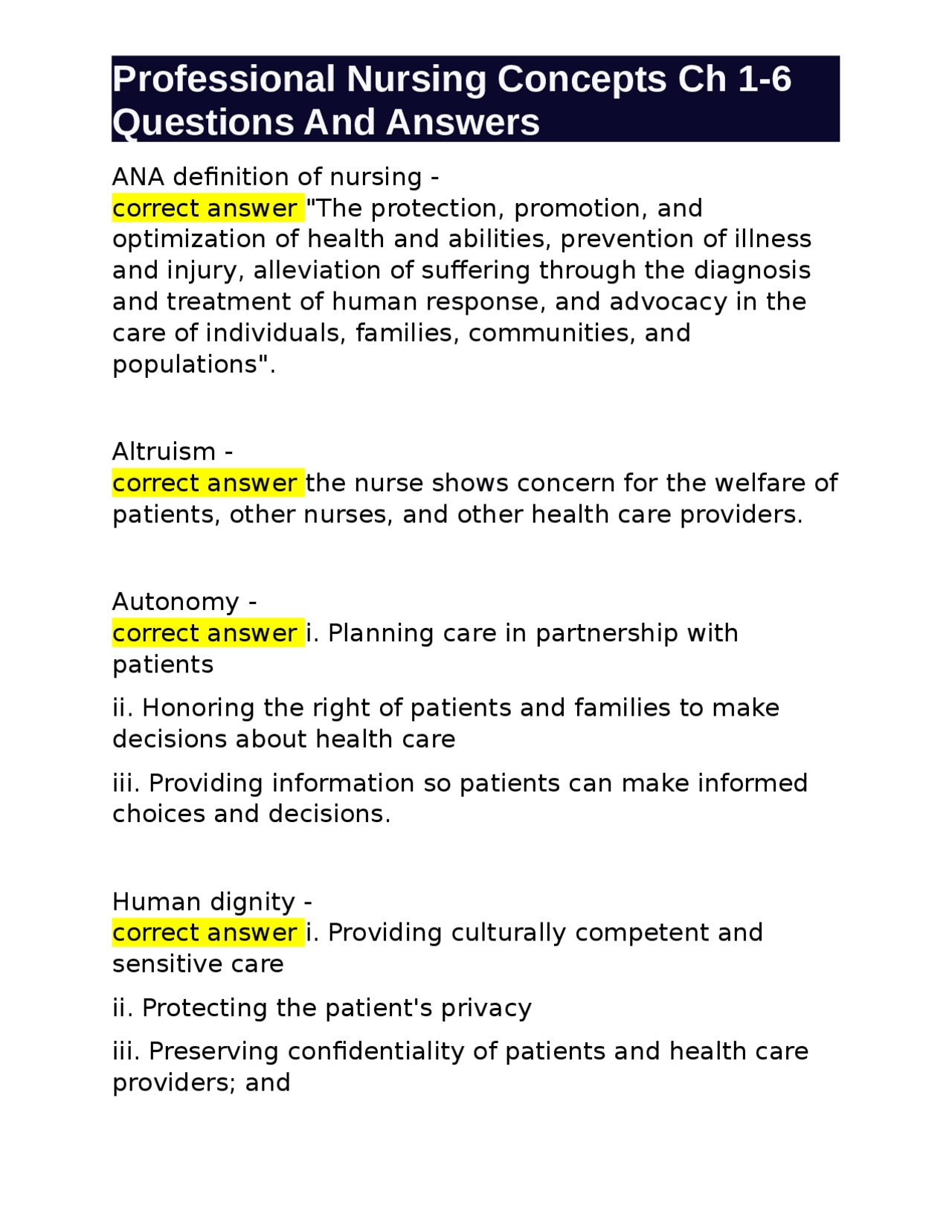 Professional Nursing Concepts Ch 1-6 Questions And Answers | Exams ...