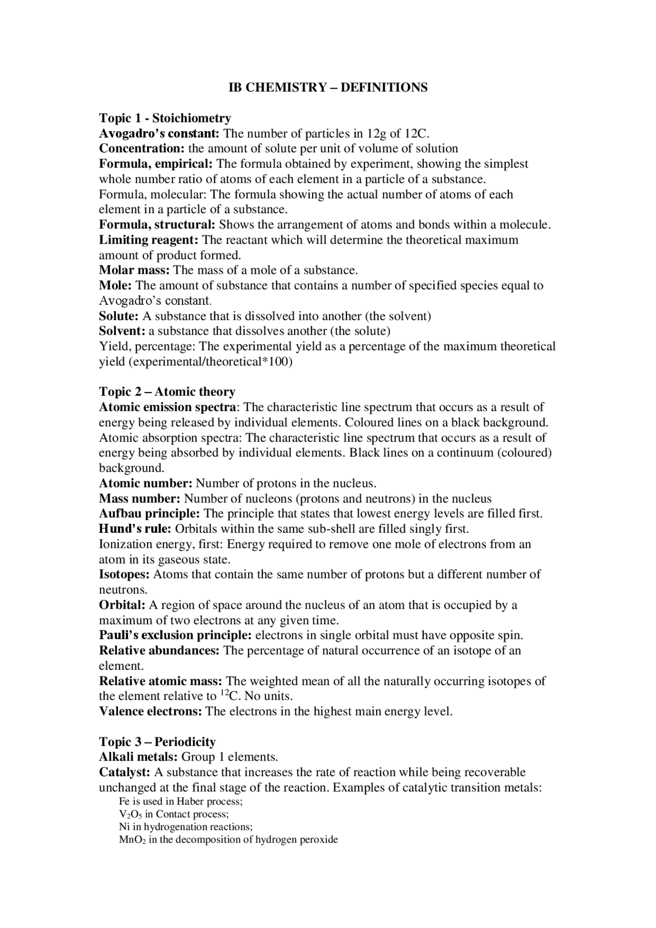 IB DP Chemistry Definitions SL | Study notes Chemistry | Docsity