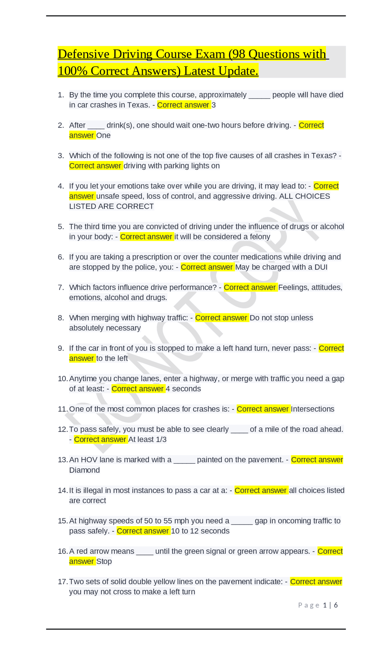 Defensive Driving Course Exam (98 Questions with 100 Correct Answers