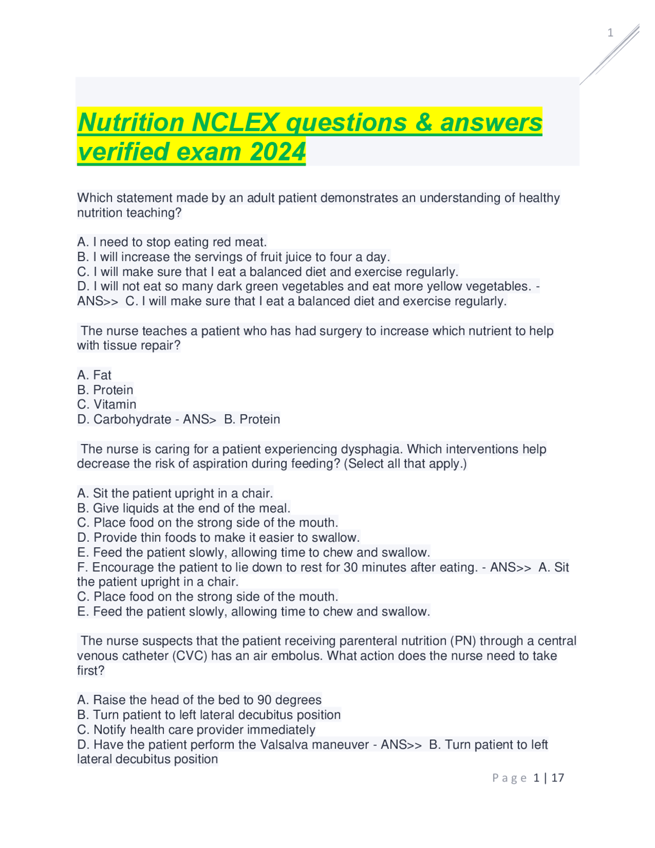 Nutrition NCLEX questions & answers verified exam 2024. Exams