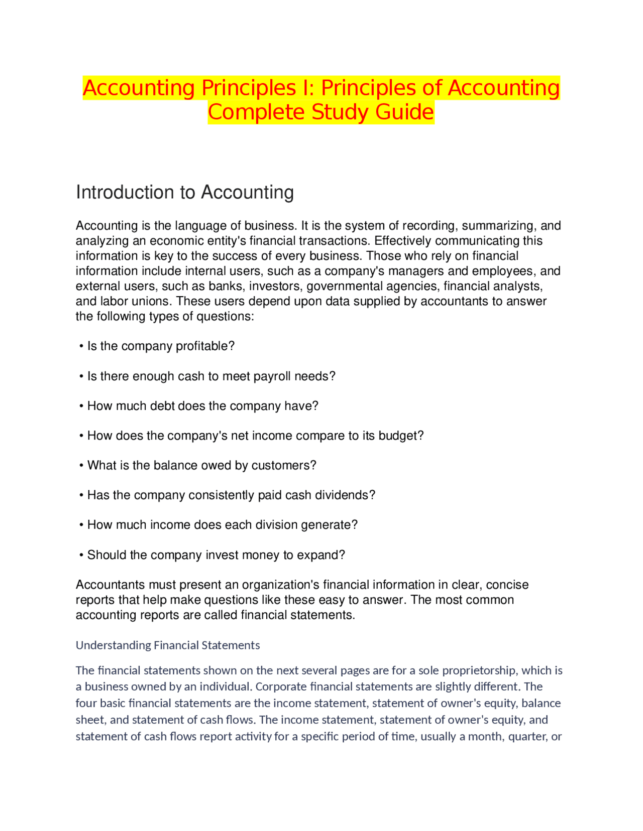 Accounting Principles I: Principles of Accounting Complete Study Guide ...