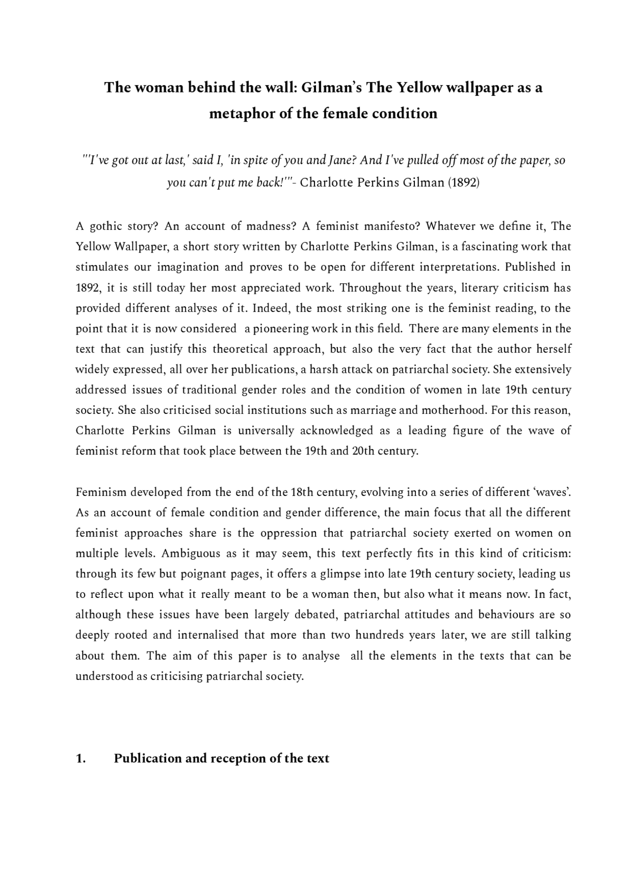 Gilman’s The Yellow wallpaper as a metaphor of the female condition