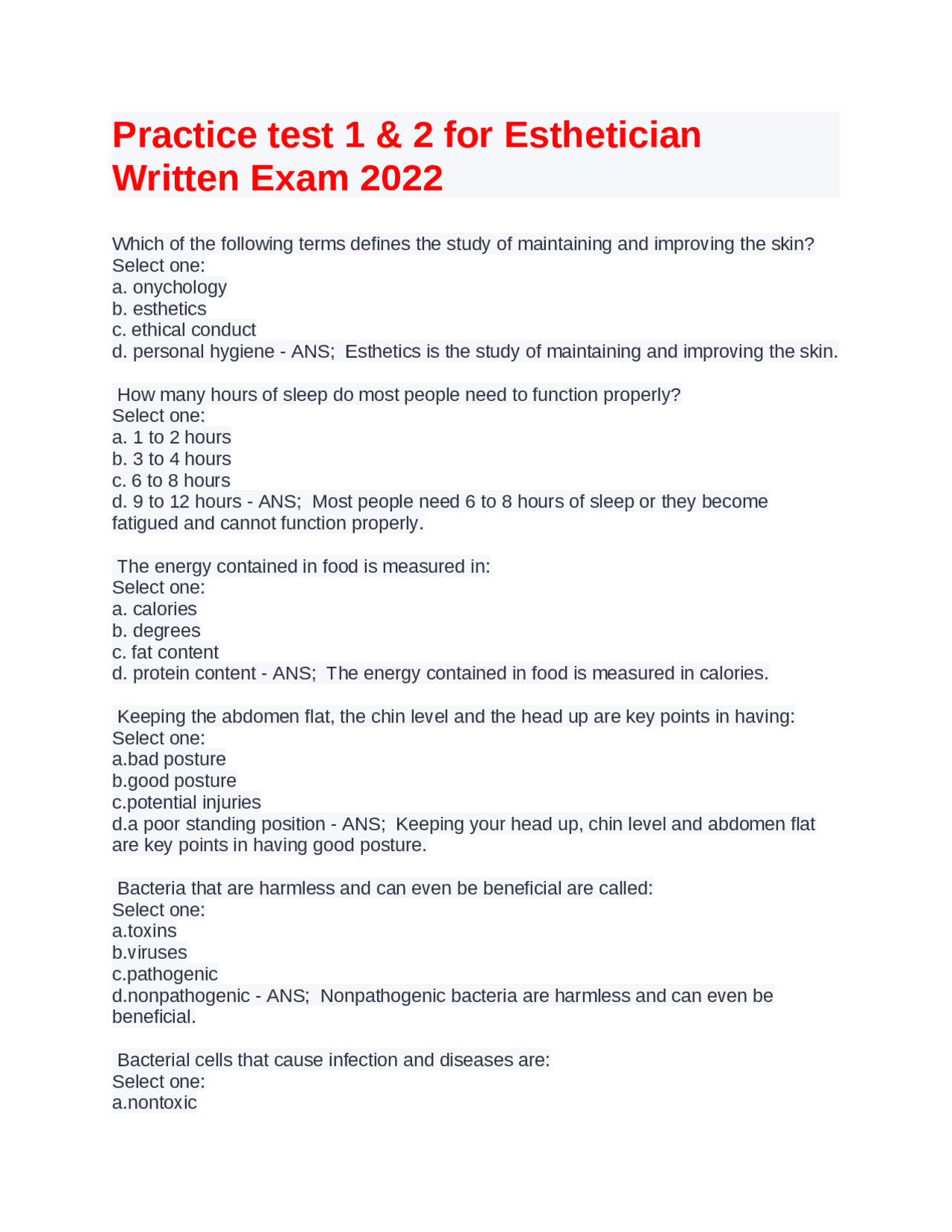 Bacterial Infections and Infection Control Quiz Questions Exams Cosmetology Docsity