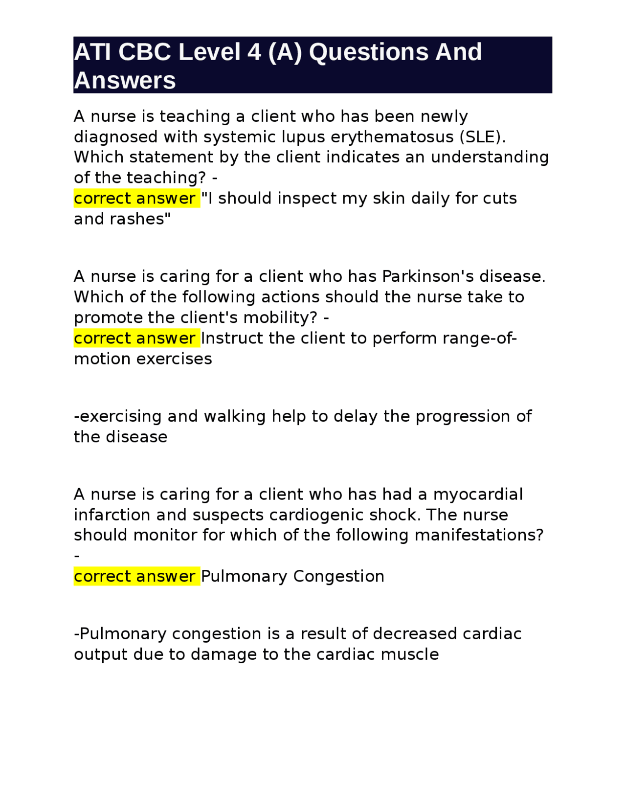 Level 4 Question Examples ATI CBC Level 4 (A) Questions And Answers | Exams Nursing | Docsity