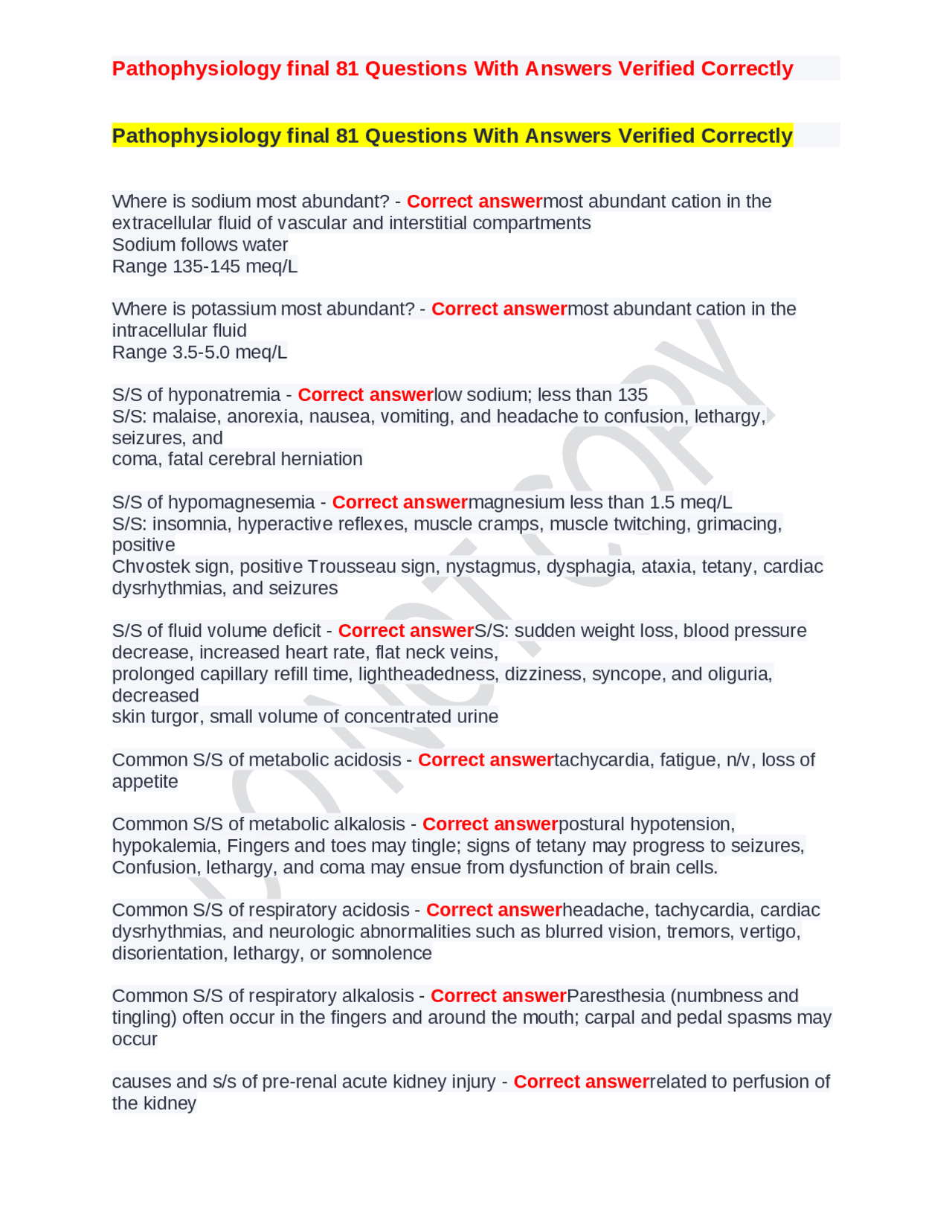 Pathophysiology final 81 Questions With Answers Verified Correctly ...
