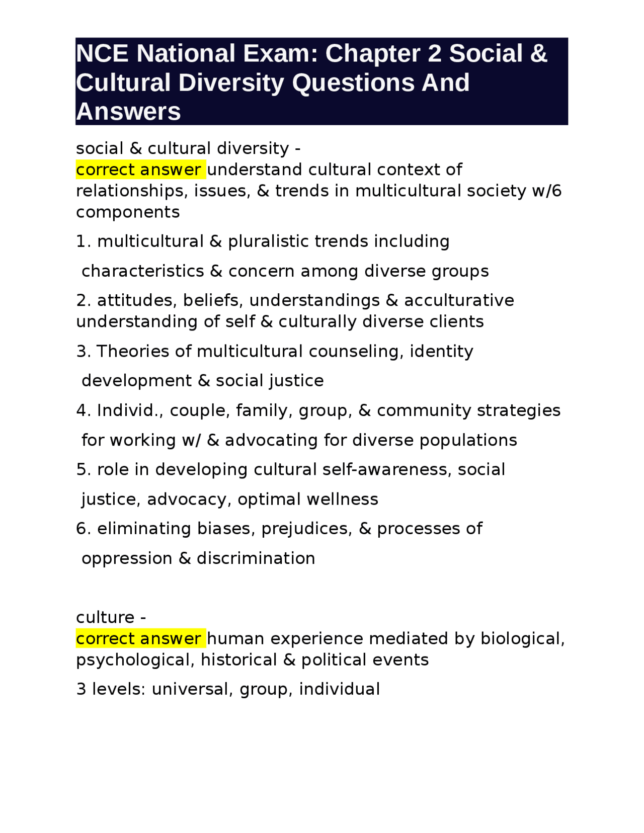 Social and Cultural Diversity: Questions and Answers for NCE National Exam | Exams Career ...
