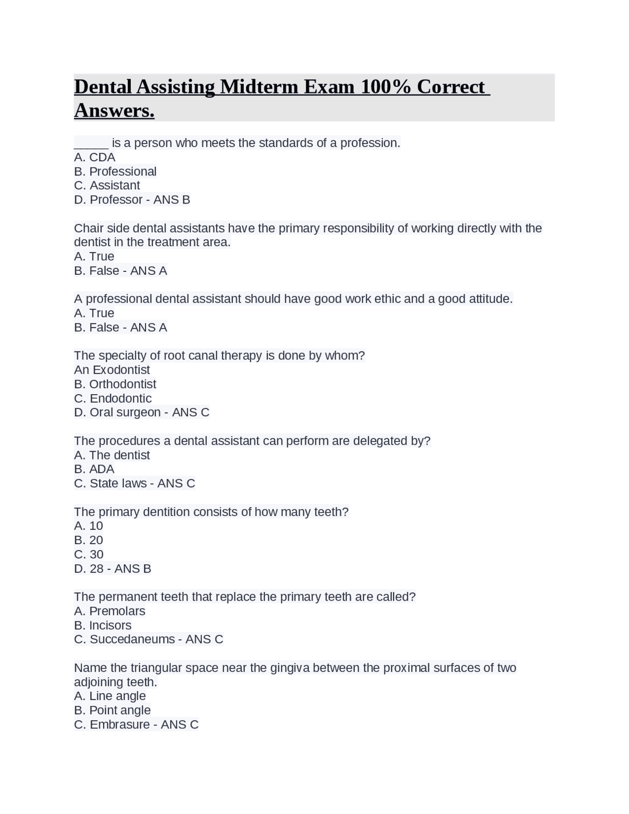 Dental Assisting Midterm Exam 100 Correct Answers. Exams Dental