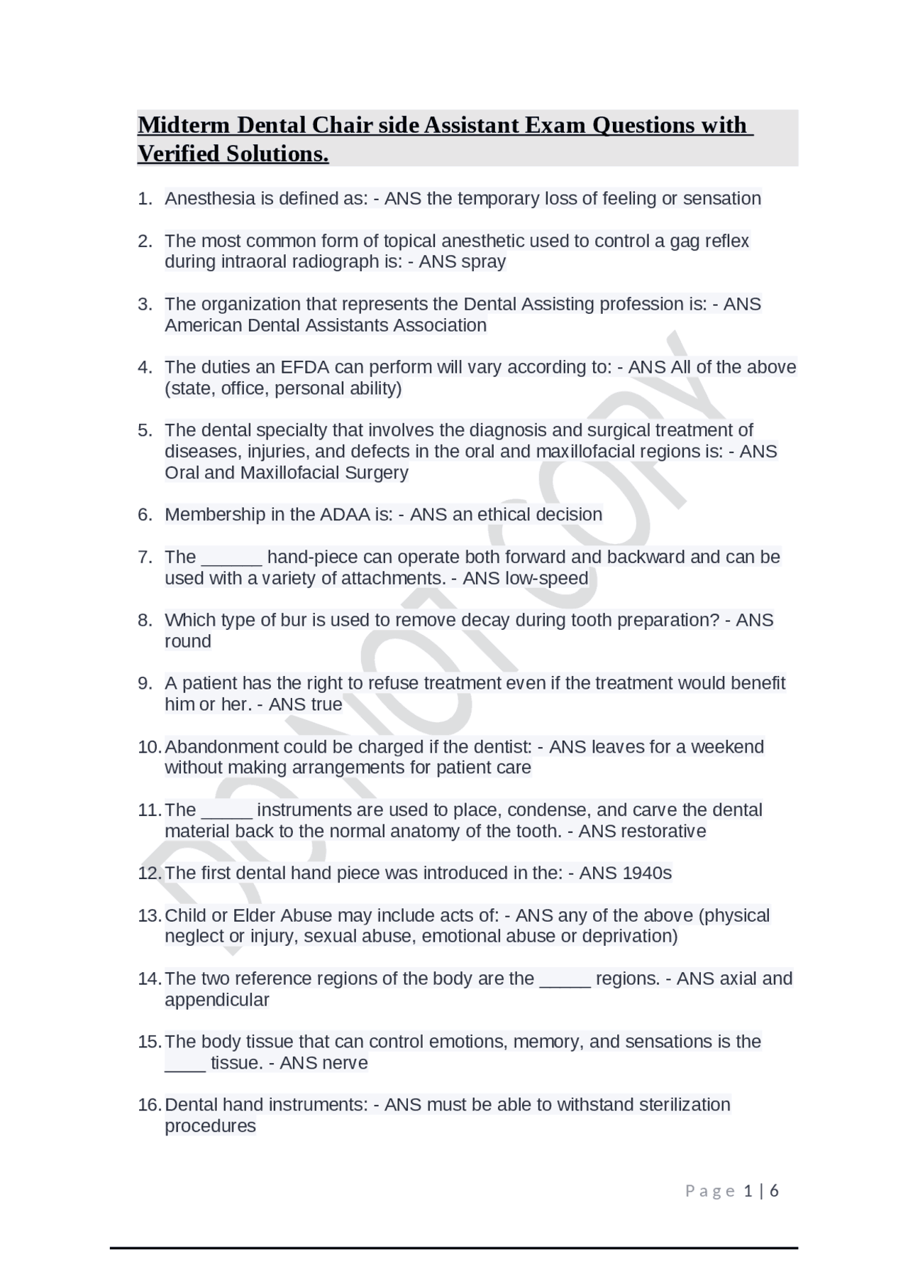Dental Assisting Midterm Exam Questions and Answers | Exams Dental ...